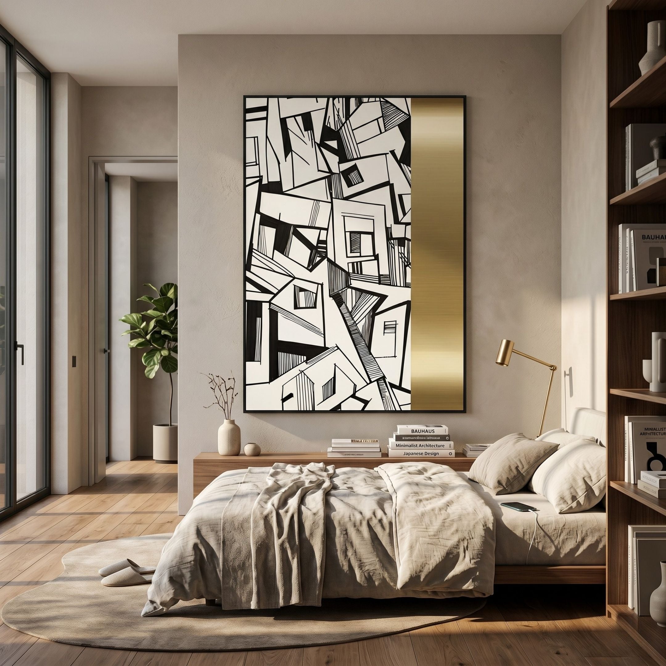 Aurista Monochrome Geometry Cotton Spray Wall Art by Giant Sculptures, black and white geometric design with vertical gold strip, displayed above a bed in a modern bedroom.
