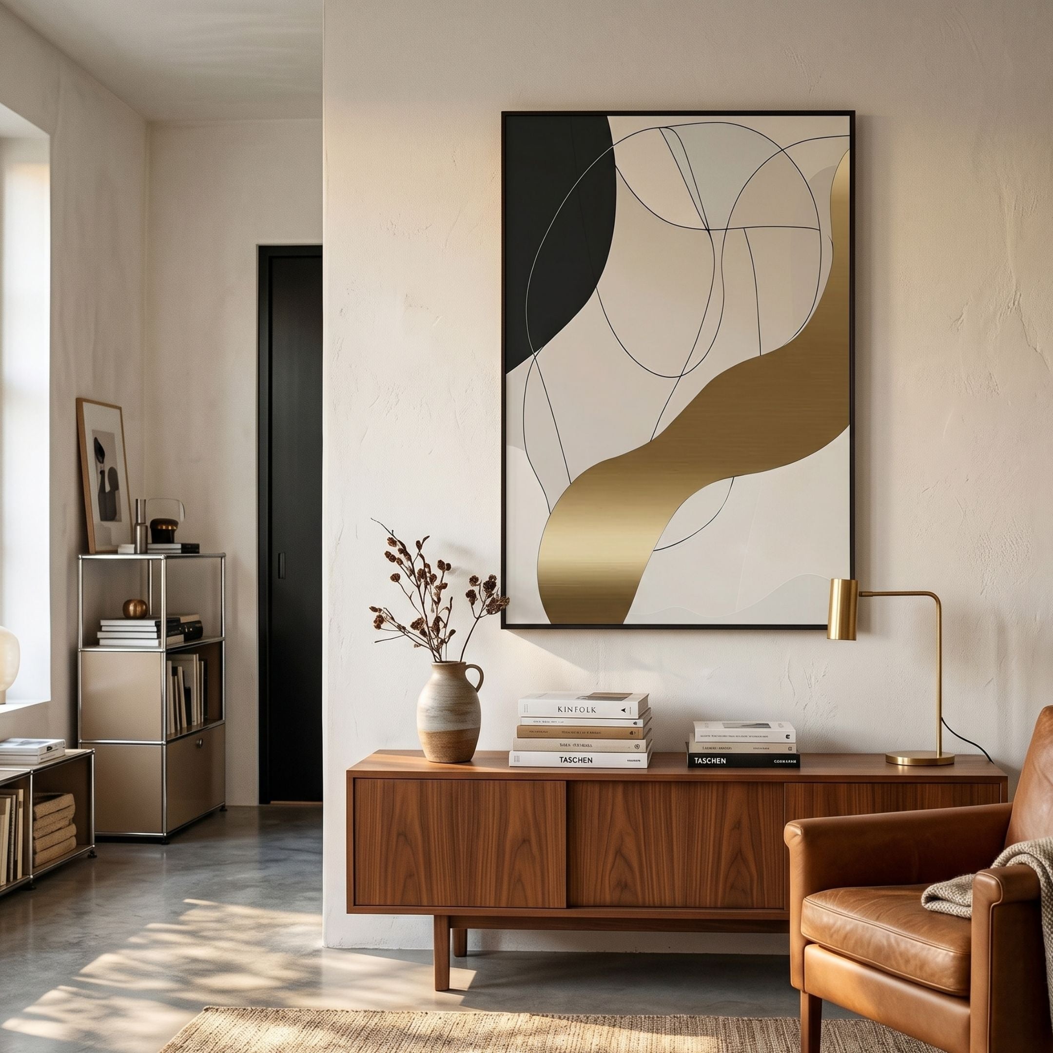 Aurista Gold Wave & Black Curve Cotton Spray Wall Art by Giant Sculptures displayed above a walnut sideboard with vase, books, and brass lamp in a sunlit living room.