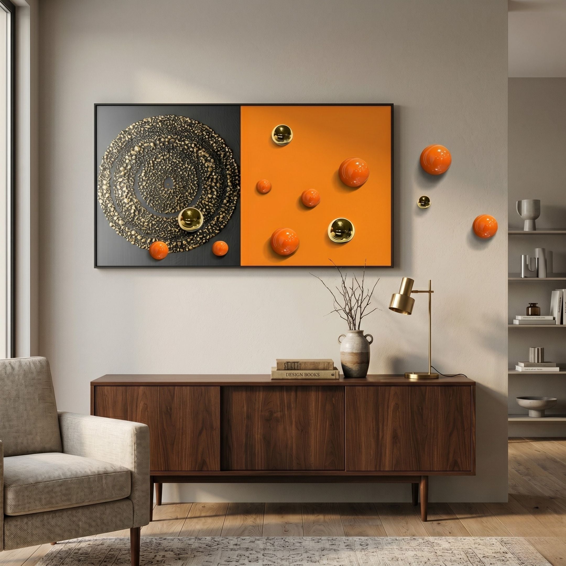 Spherium Orange & Gold Orb Dual-Tone Panel 3D Wall Art mounted above a walnut sideboard with orange and gold orbs extending onto the adjacent wall.