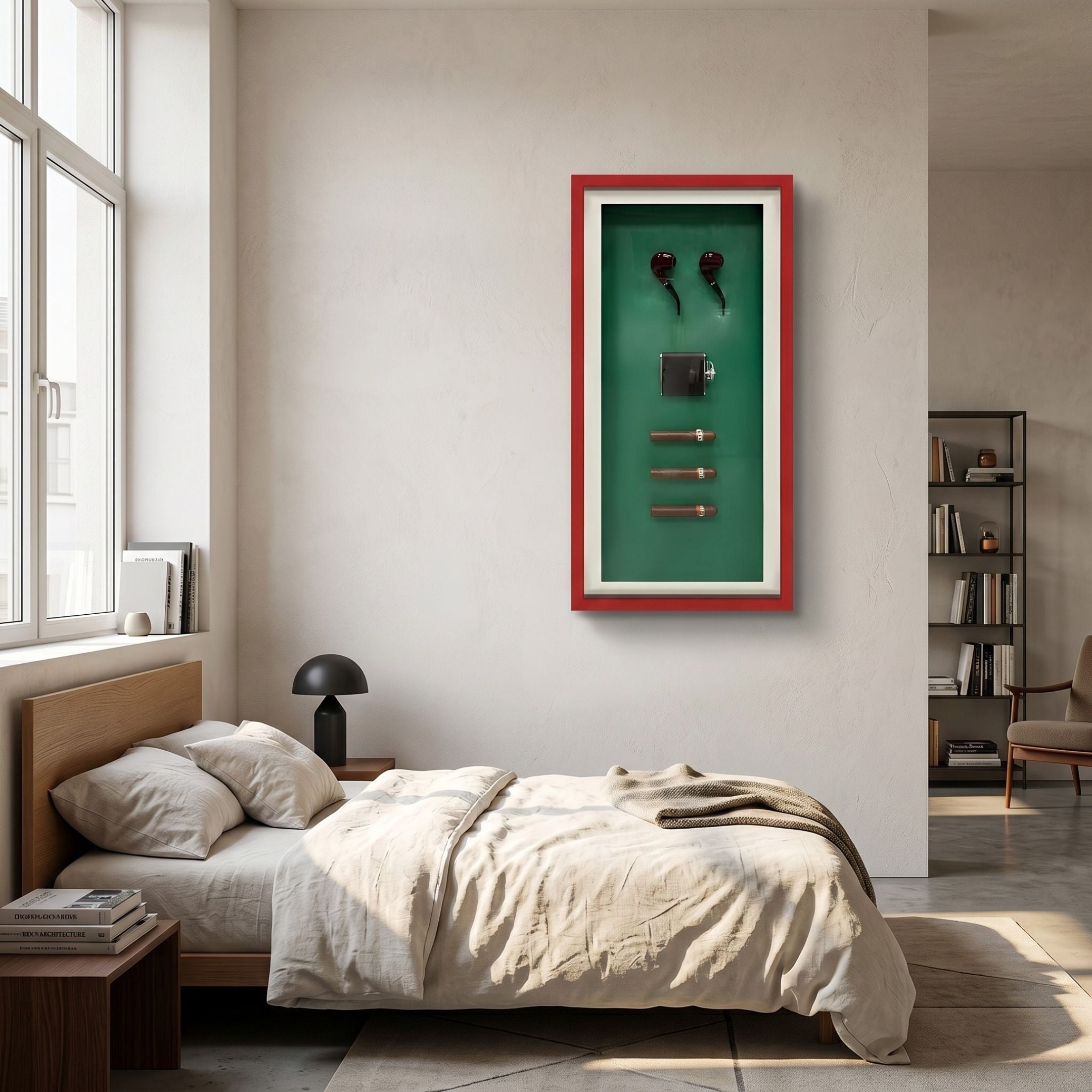 Cavendor Pipe & Cigar Green Framed Wall Art with red border displayed above a bed in a minimalist bedroom with linen bedding and a black table lamp.