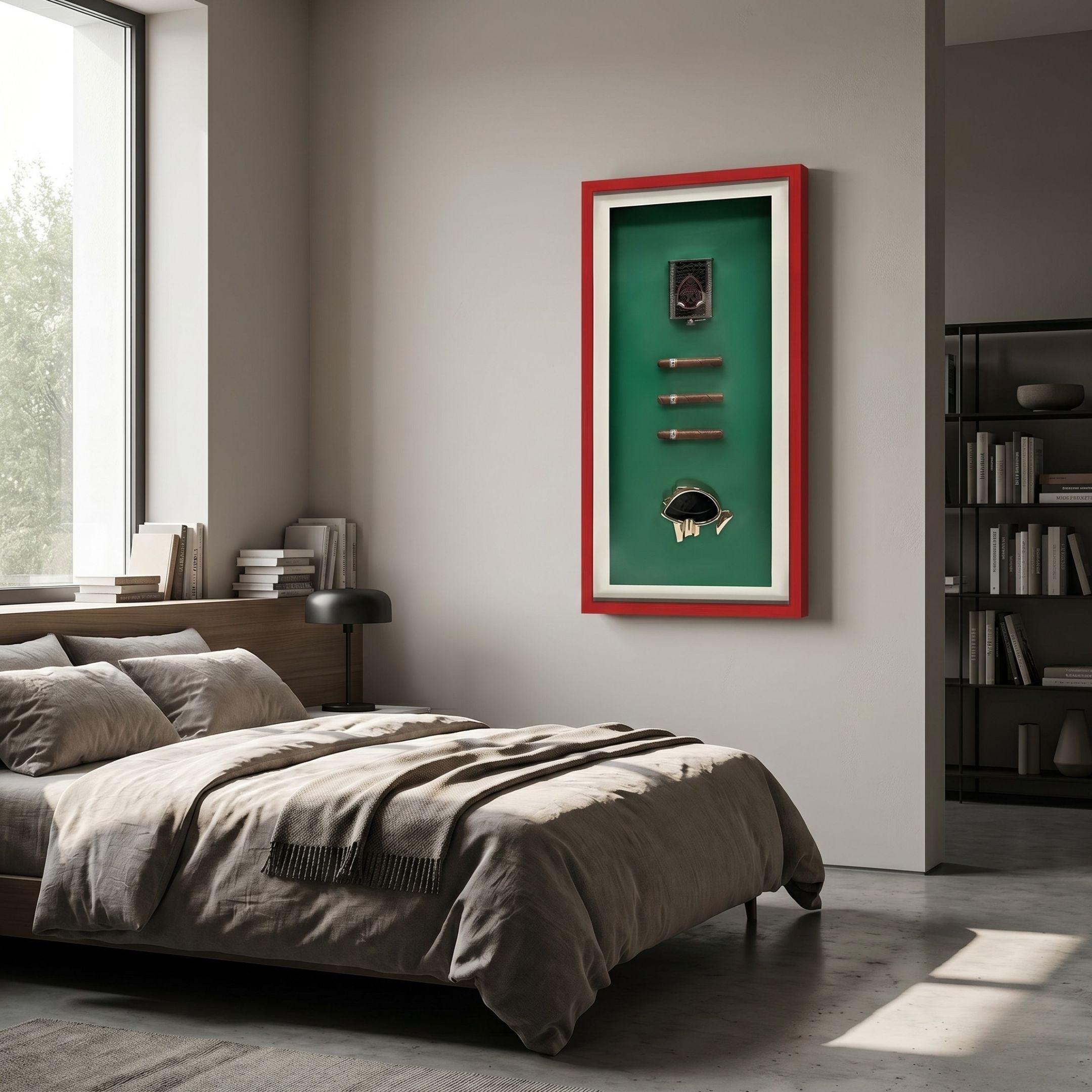 Cavendor Cigar & Badge Green Framed Wall Art by Giant Sculptures hung above a wooden bed in a modern bedroom with grey linens and a bookshelf.