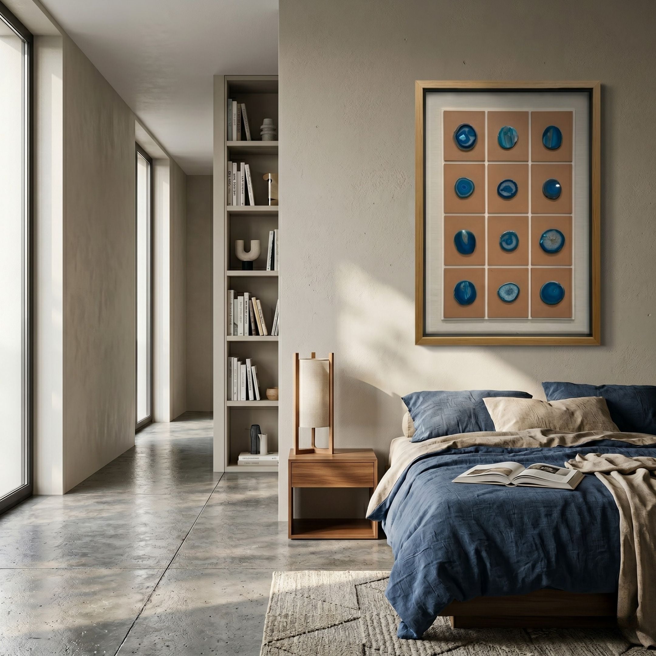 Agliera Aqua Crystal Disc Grid Framed 3D Wall Art with twelve blue agate discs on tan backing, mounted above a wooden nightstand in a modern bedroom.