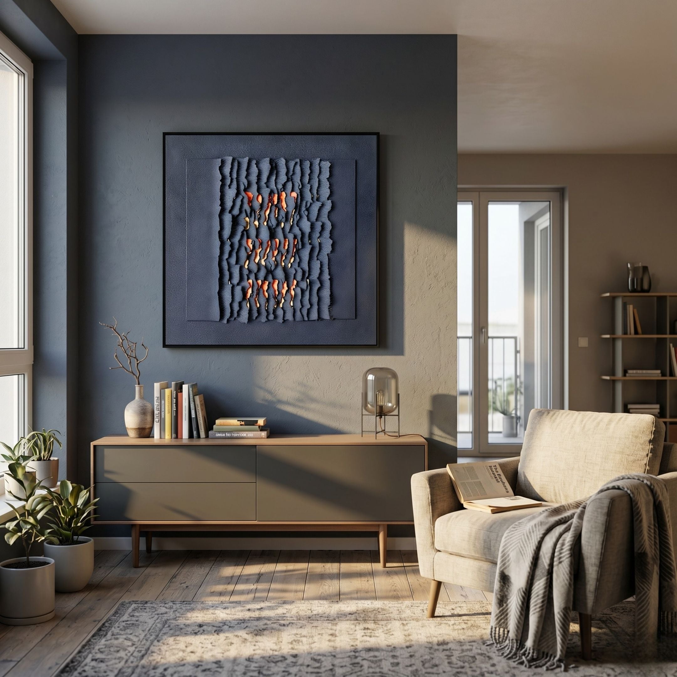 Rivura Blue Layered Sandstone Texture 3D Wall Art by Giant Sculptures hung above a wood sideboard in a modern living room with armchair and plants.