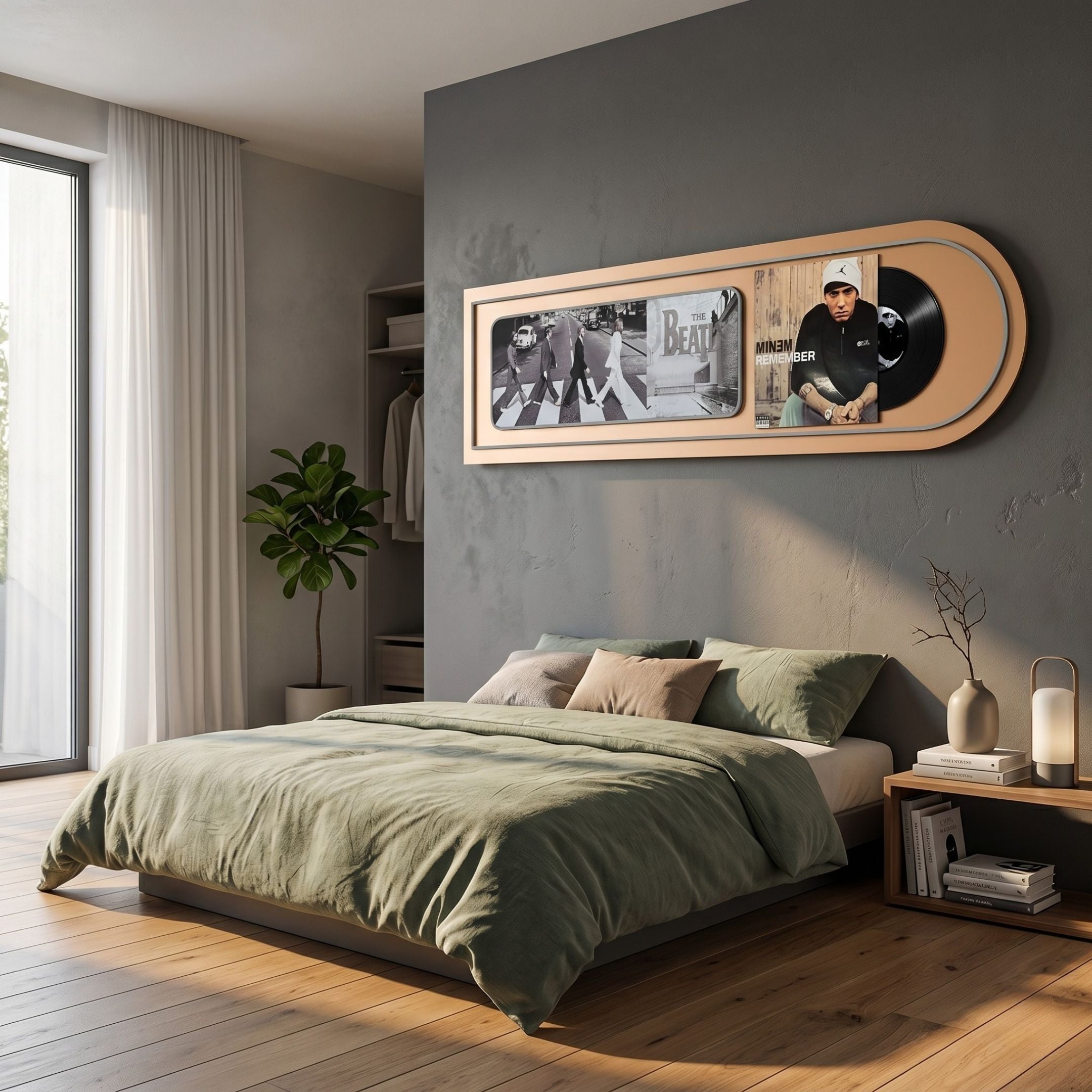 Sonarta Gold Beatles & Eminem Record Panel Wall Art mounted above a green-linen bed in a grey-walled bedroom with wood floor and fiddle-leaf plant.