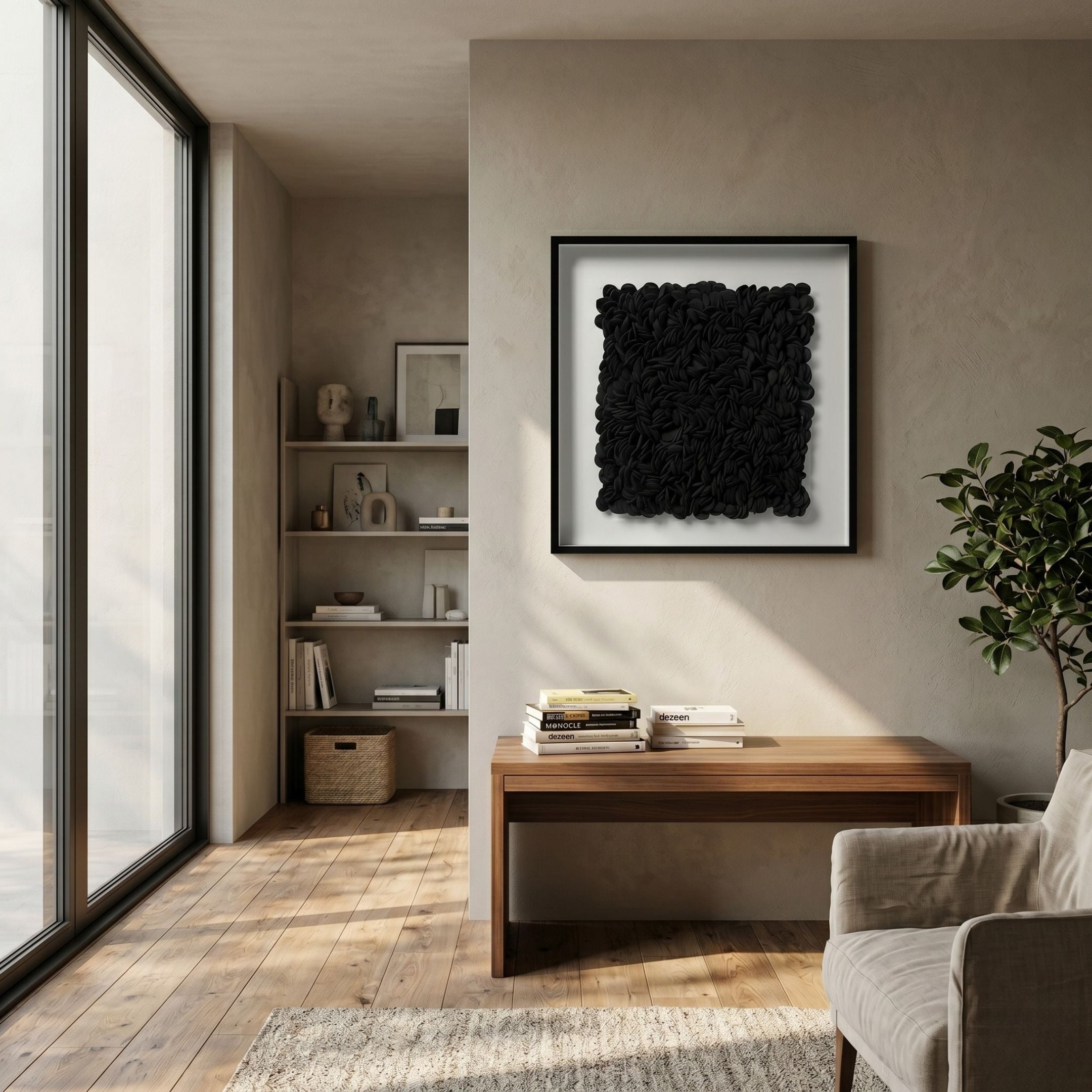 Petalus Black Layered Felt 3D Wall Art by Giant Sculptures displayed above a wooden console in a sunlit minimalist living room with shelving and a plant.