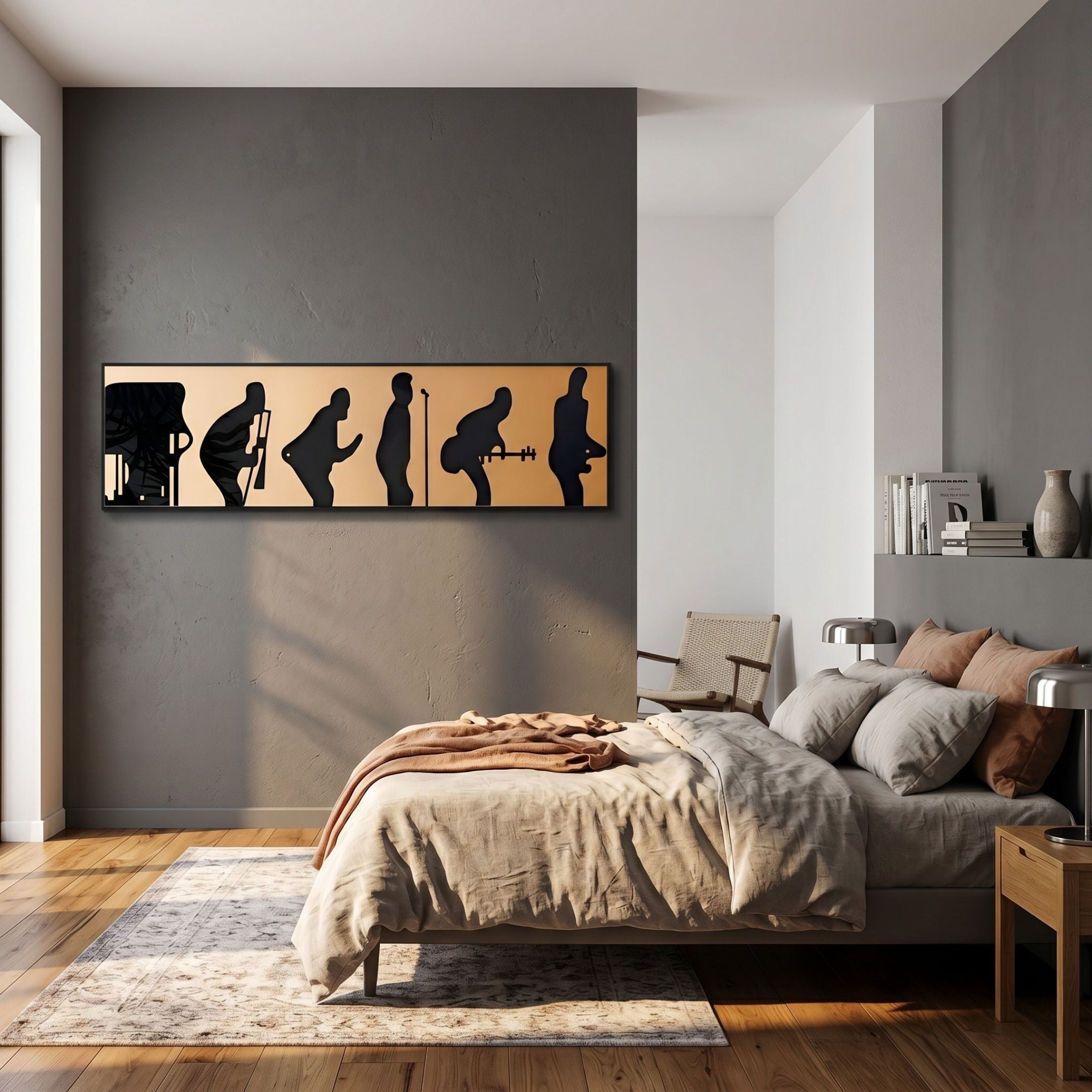 Sonarta Gold Silhouette Evolution Record Wall Art mounted on a grey bedroom wall above a linen-dressed bed with rust pillows and a woven chair.