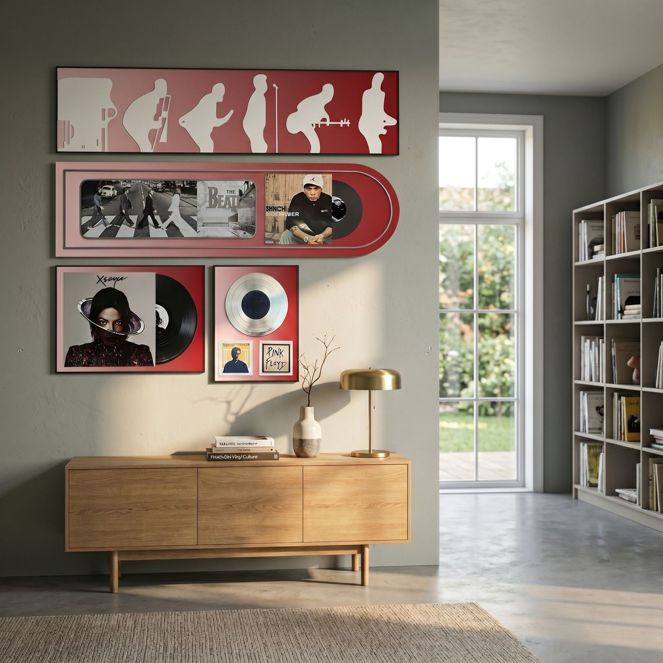 Sonarta Red Multi-Panel Record & Silhouette Wall Art by Giant Sculptures, displayed above a wood sideboard with brass lamp beside a window and bookshelf.