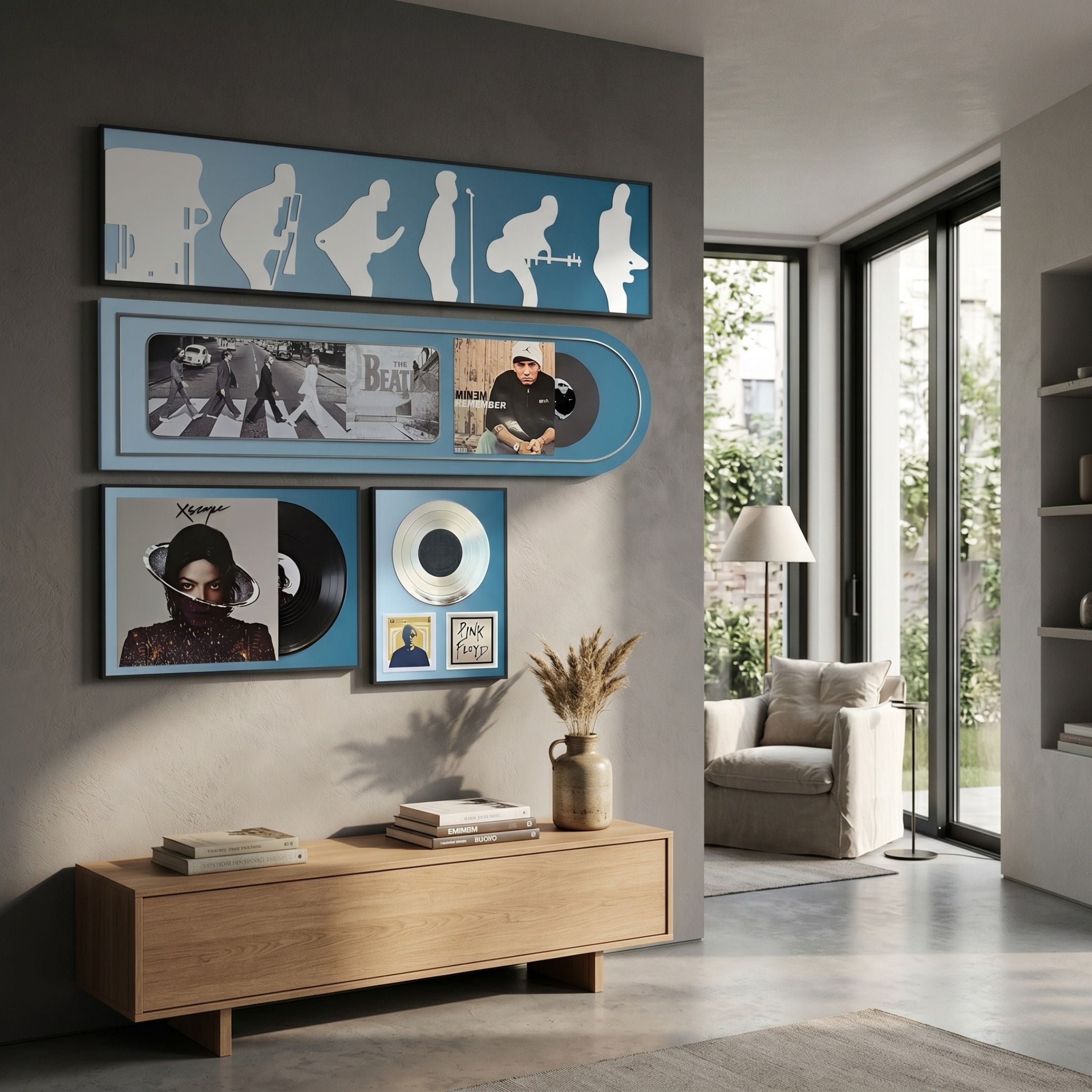 Sonarta Blue Multi-Panel Record & Silhouette Wall Art by Giant Sculptures, displayed above a wooden console in a modern living room with garden views.