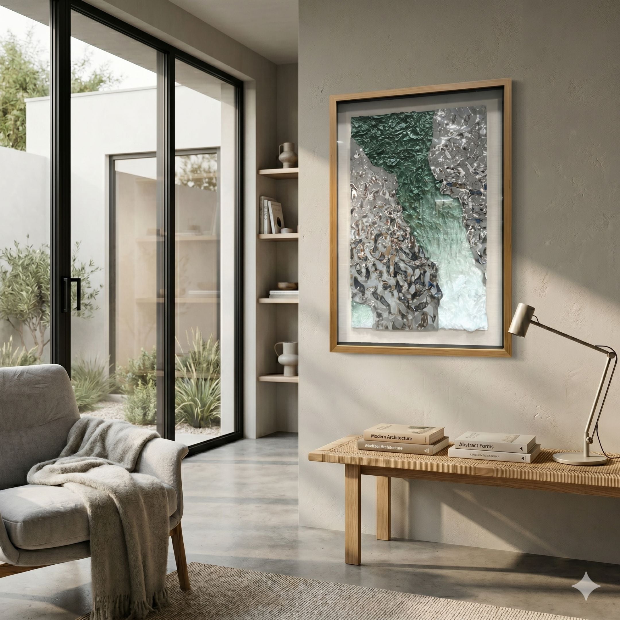 Aurivell II Silver & Green Textured Metal 3D Wall Art by Giant Sculptures, framed in light timber above a woven bench in a sunlit modern living room.