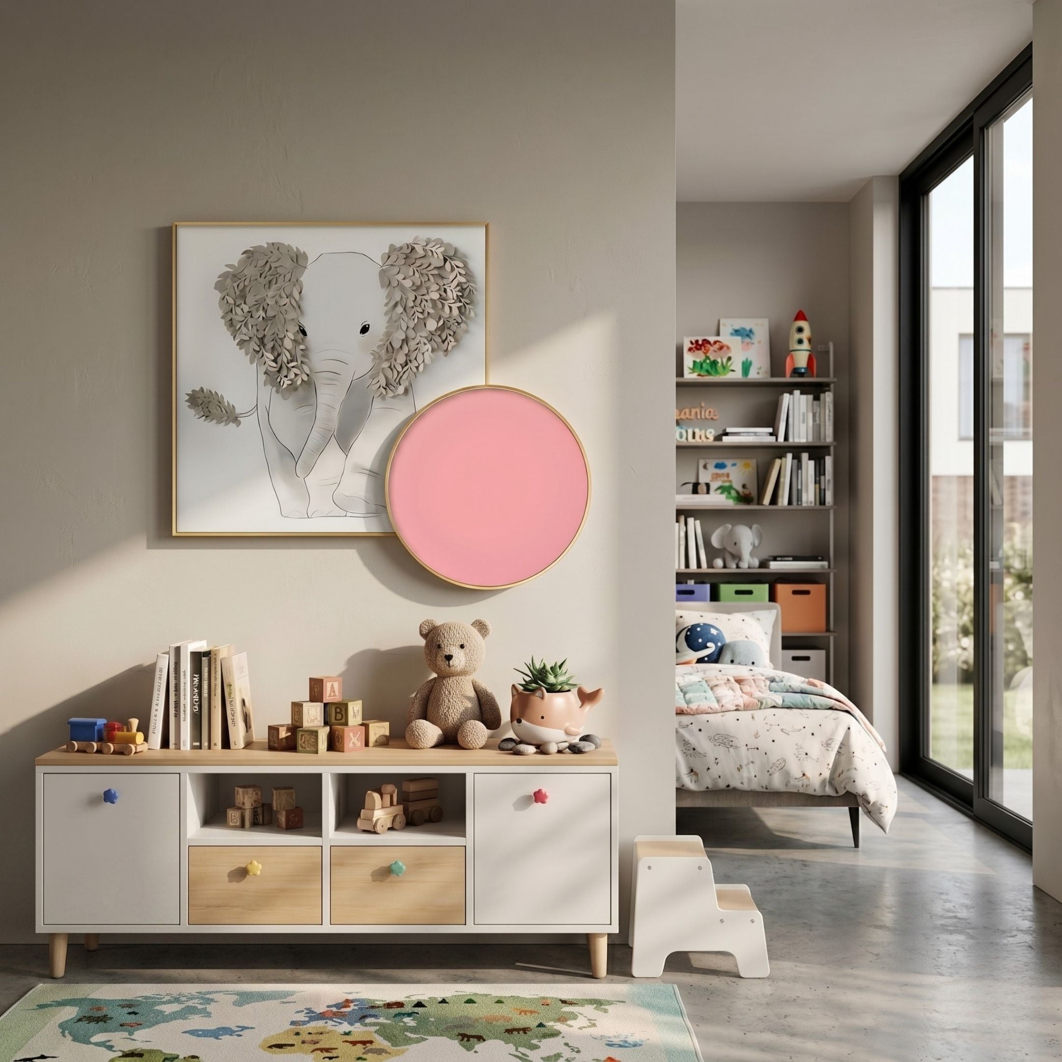 Blossomkin Pink Petal Elephant Kids 3D Wall Art by Giant Sculptures displayed above a white storage unit with teddy bear and toys in a child's bedroom.