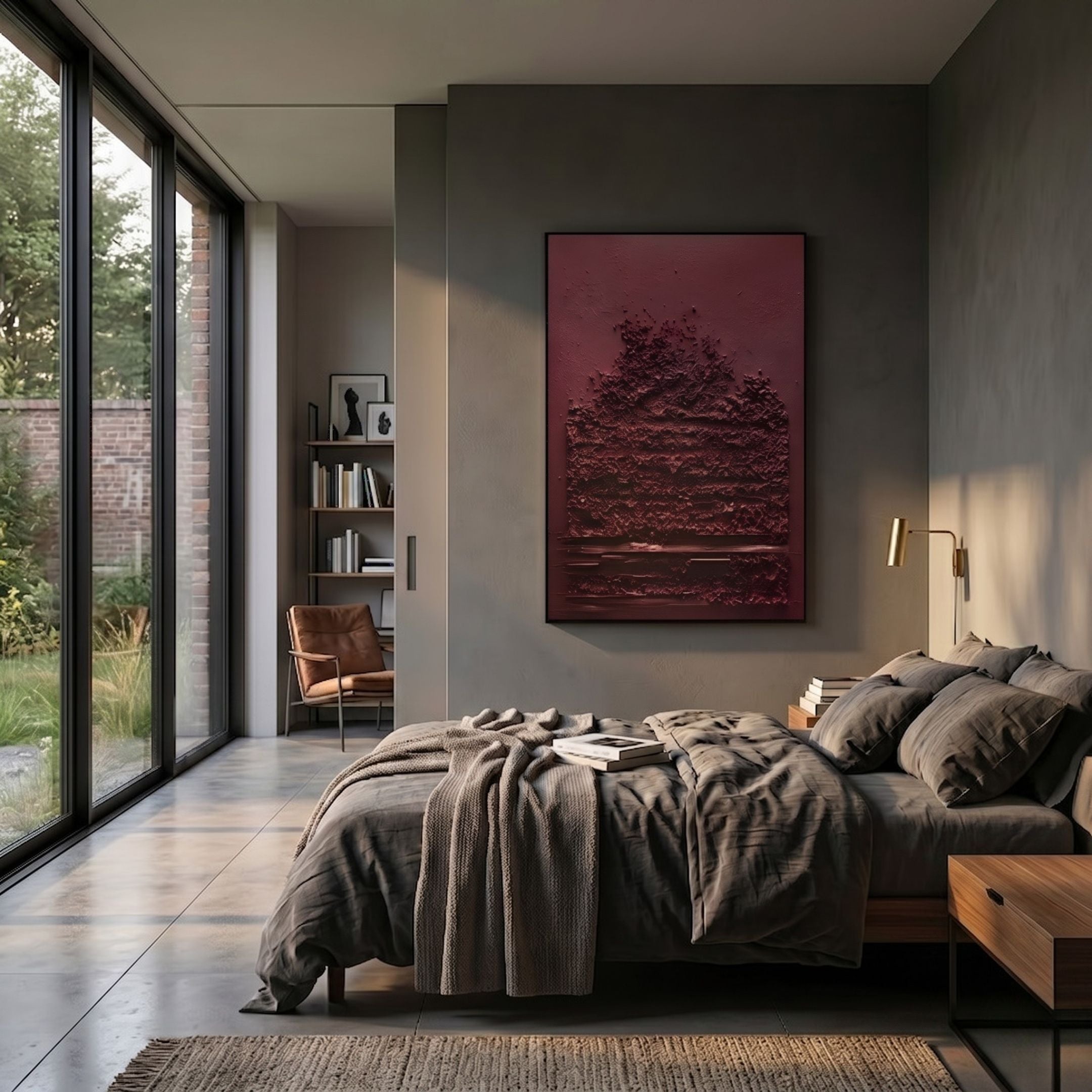 Aeralune Crimson Textured Oil Painting 3D Wall Art by Giant Sculptures displayed above a grey linen bed in a modern bedroom with floor-to-ceiling windows.