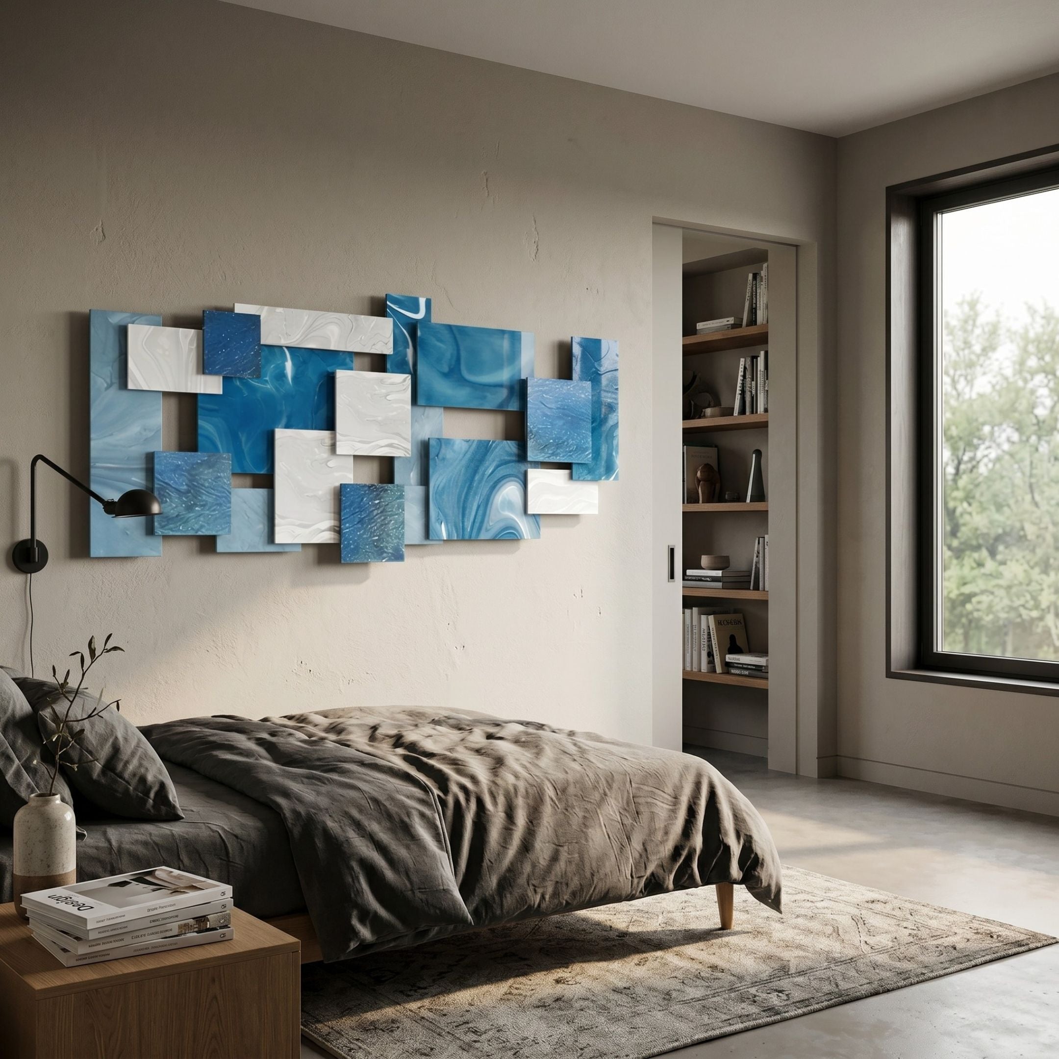 Stravane Blue & White Mosaic Oil Canvas 3D Wall Art by Giant Sculptures, displayed above a bed with grey linens in a modern bedroom near a sunlit window.