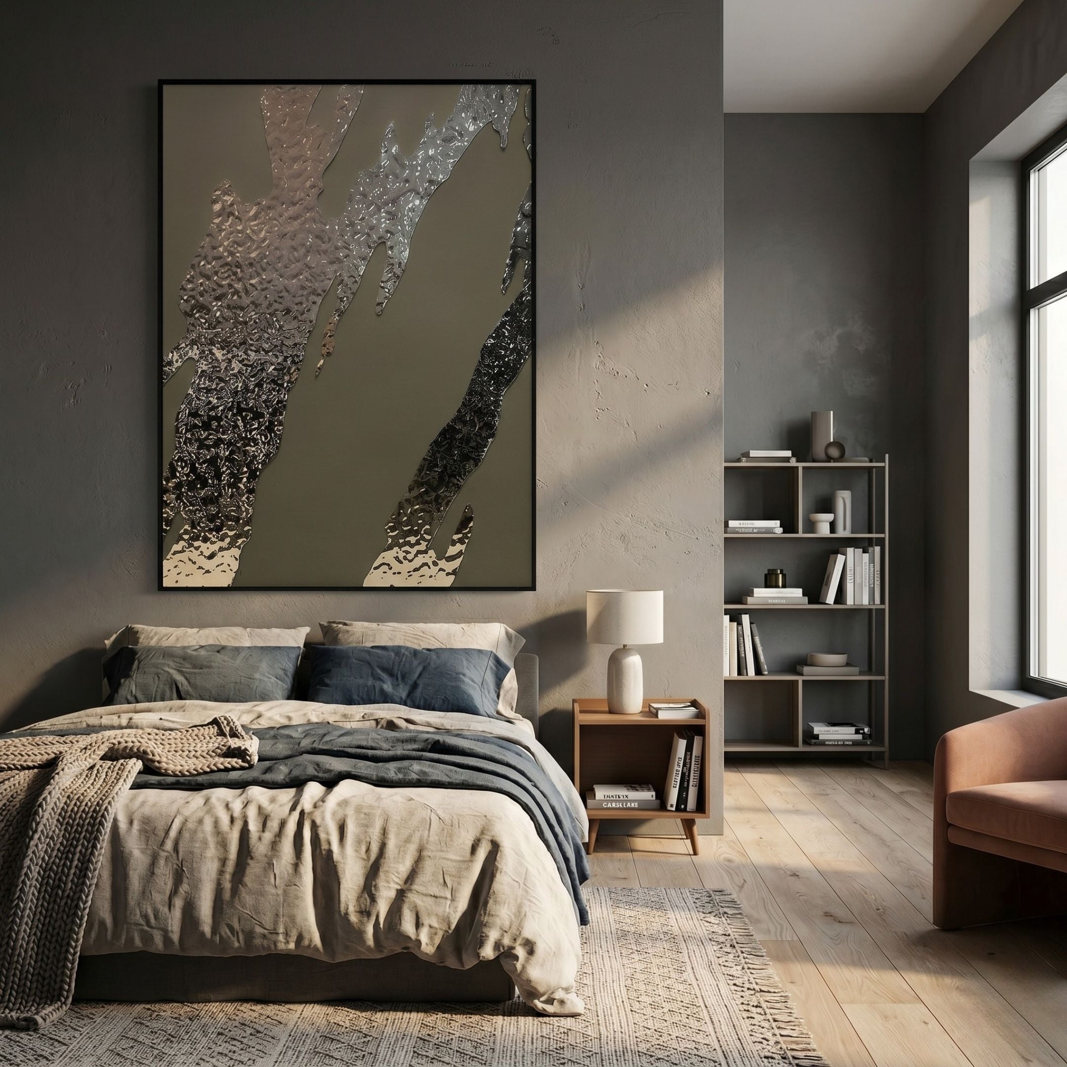 Metallura Bronze Metallic Flow Abstract 3D Wall Art with hammered silver streaks on grey, displayed above a bed in a modern grey bedroom with bookshelf.