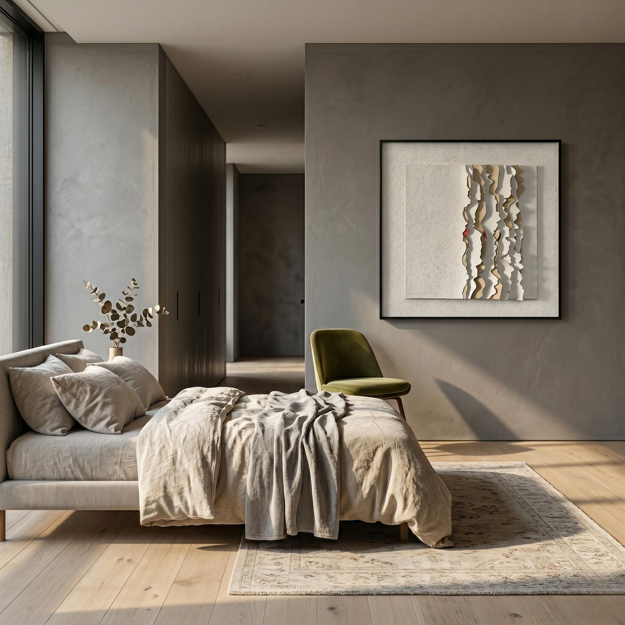 Rivura White Layered Sandstone Texture 3D Wall Art by Giant Sculptures in a black frame, displayed above a linen bed and olive chair in a modern bedroom.
