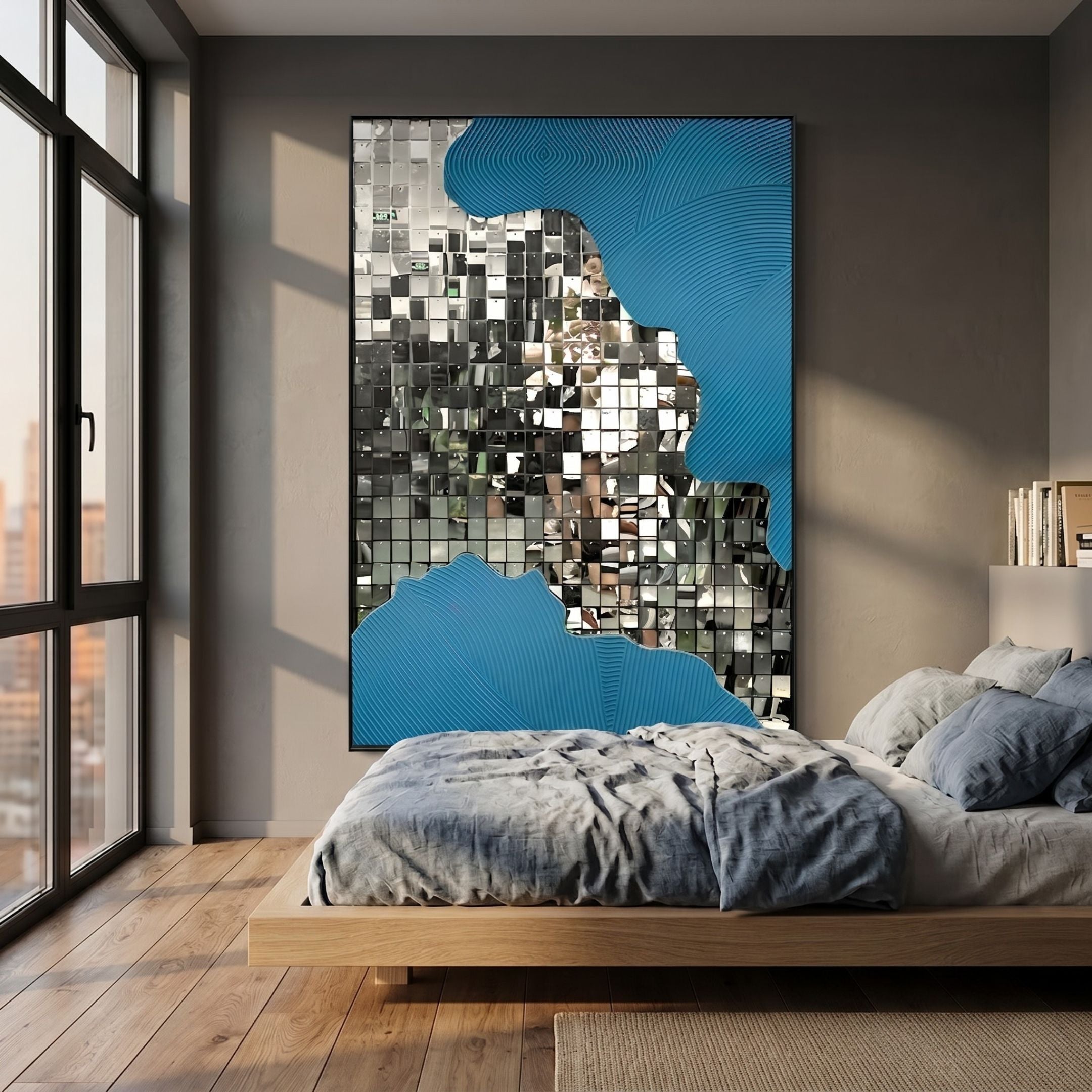 Miravine Blue Hand-Painted Acrylic Mirror 3D Wall Art by Giant Sculptures, mounted above a wooden platform bed with grey-blue linens in a modern bedroom.