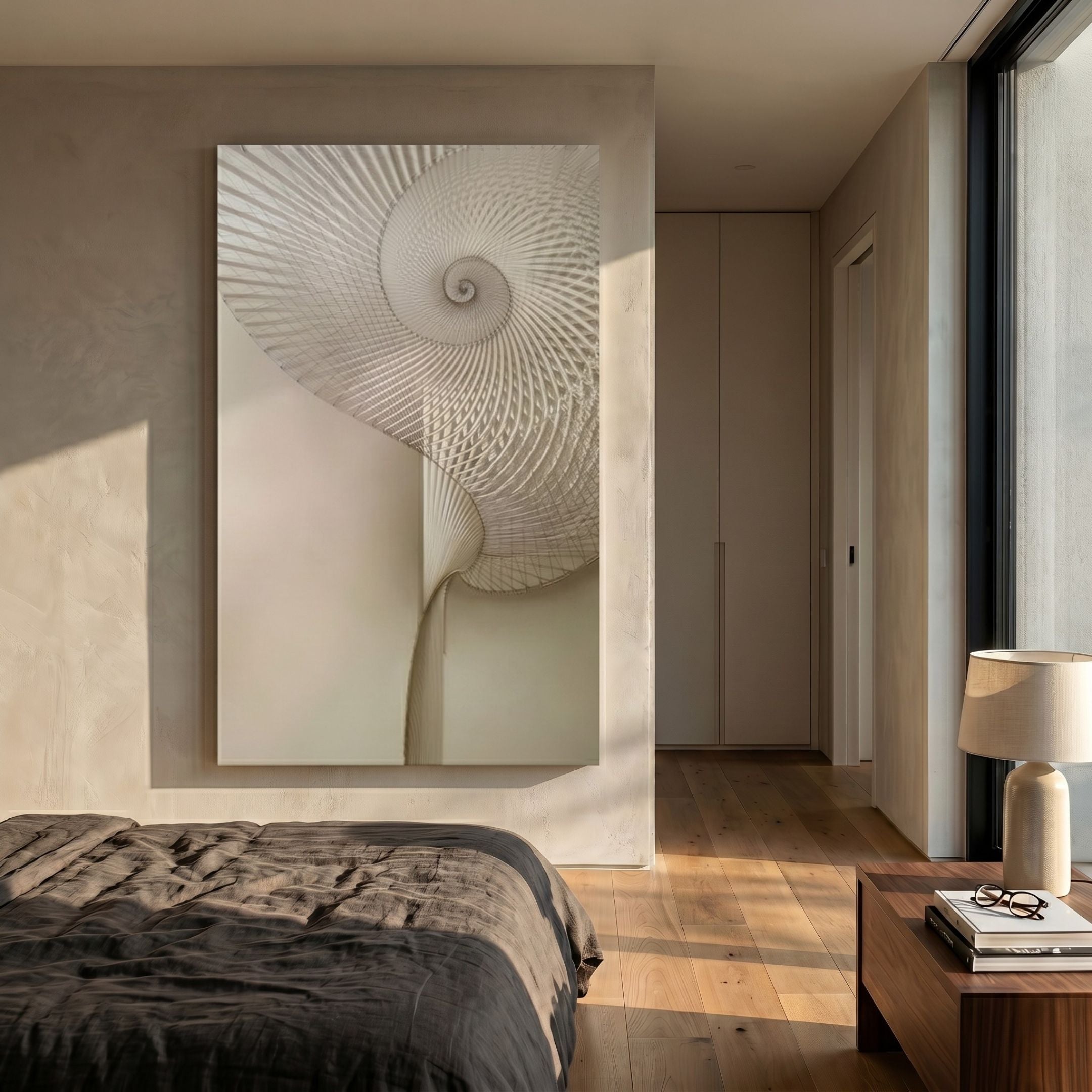 Spiralis Natural String Abstract Lines Spiral 3D Wall Art by Giant Sculptures displayed above a bed in a modern bedroom with wood floors and beige walls.