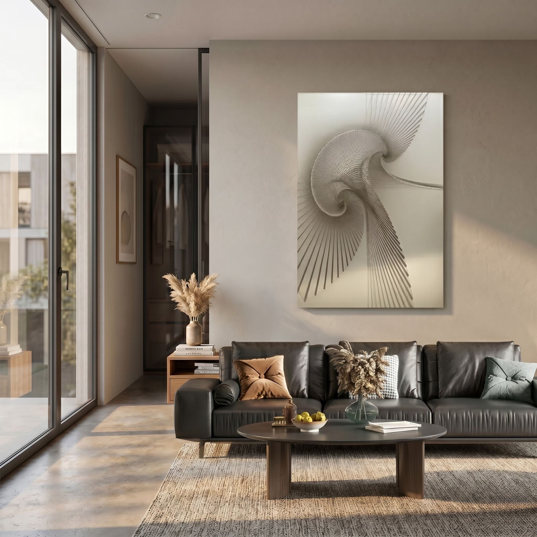 Spiralis Natural String Abstract Lines Swirl 3D Wall Art by Giant Sculptures displayed above a black leather sofa in a sunlit modern living room.