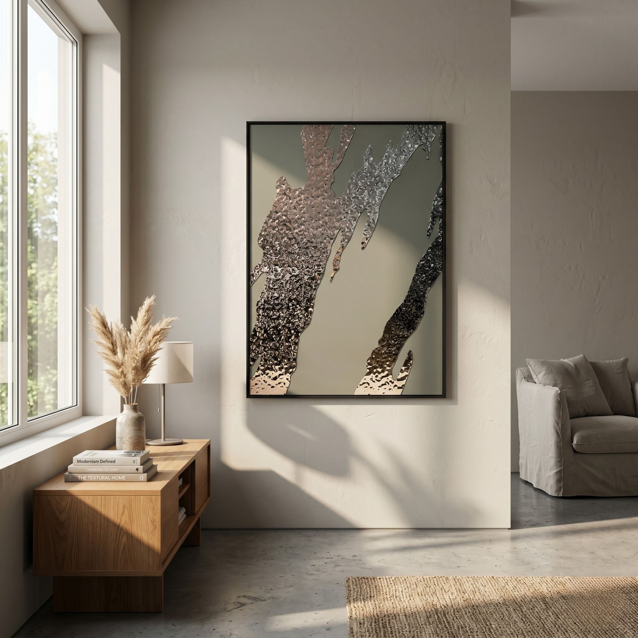 Metallura Olive Green Metallic Flow Abstract 3D Wall Art by Giant Sculptures displayed in a sunlit living room above a wooden console with pampas grass.