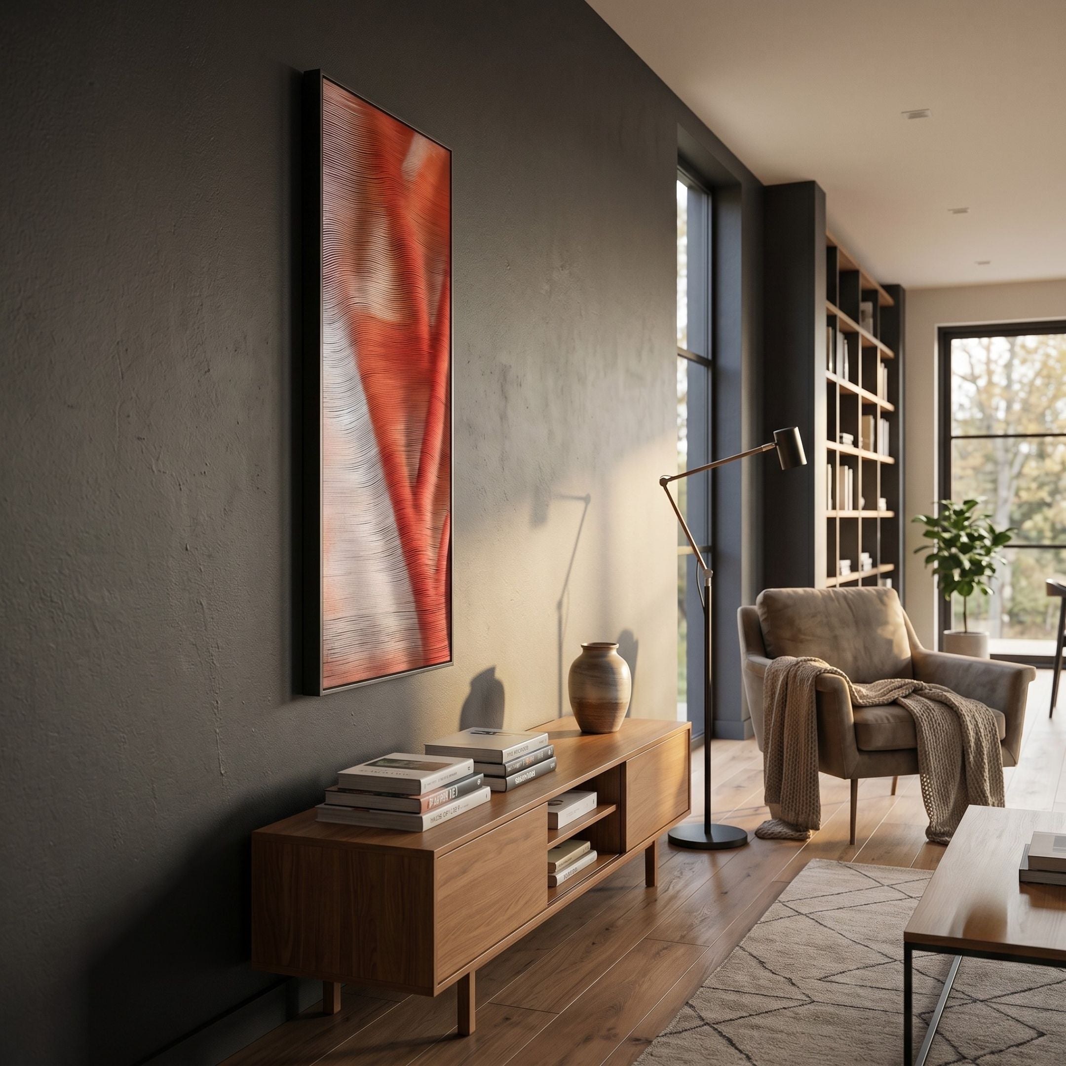 Rivara Ember Wave Vertical Hand-Painted Rope 3D Wall Art by Giant Sculptures displayed on a dark grey wall above a walnut sideboard in a modern living room.