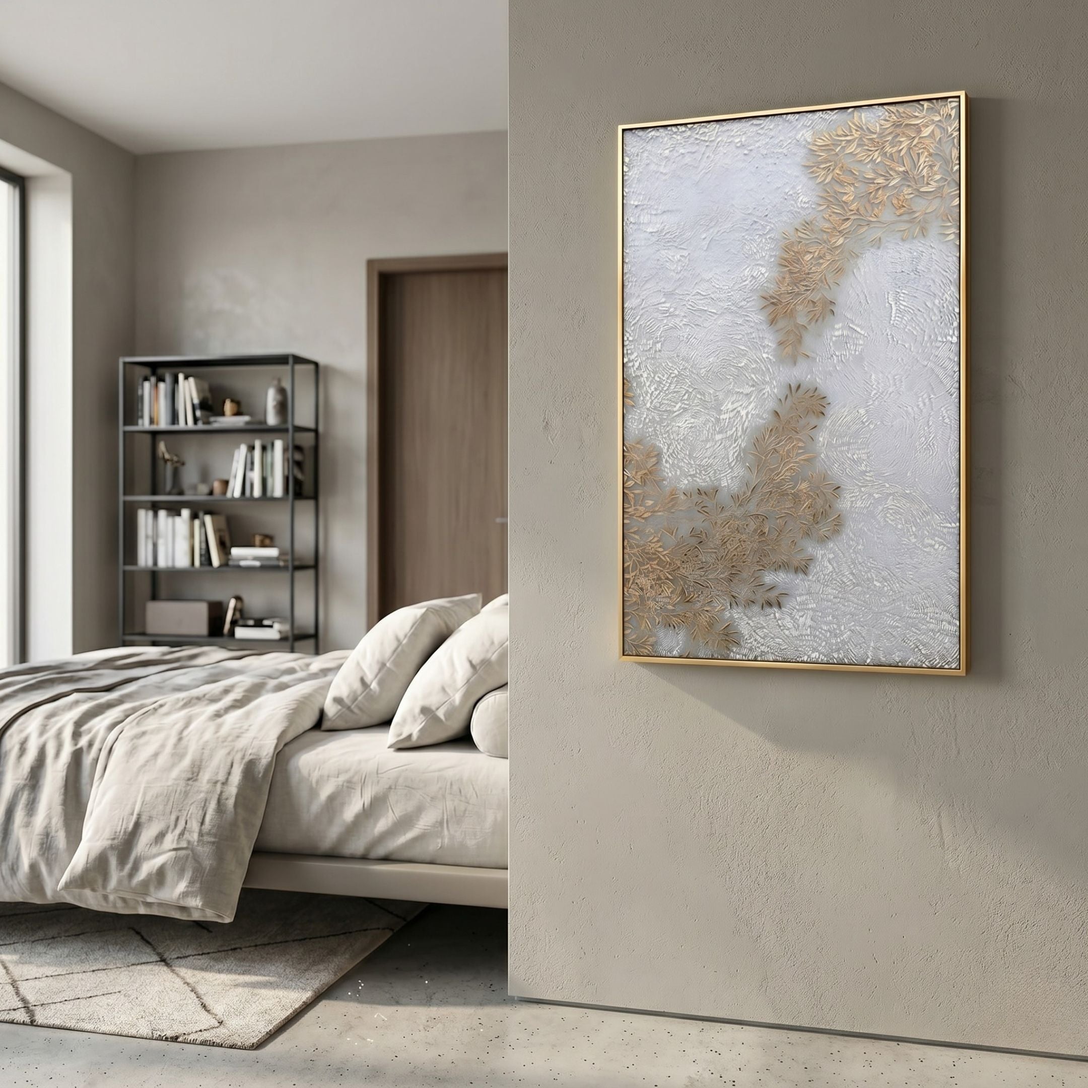 Lunavine Gold Leaf Textured Silk Relief 3D Wall Art in slim gold frame mounted on a taupe bedroom wall beside a linen-dressed bed and black bookshelf.