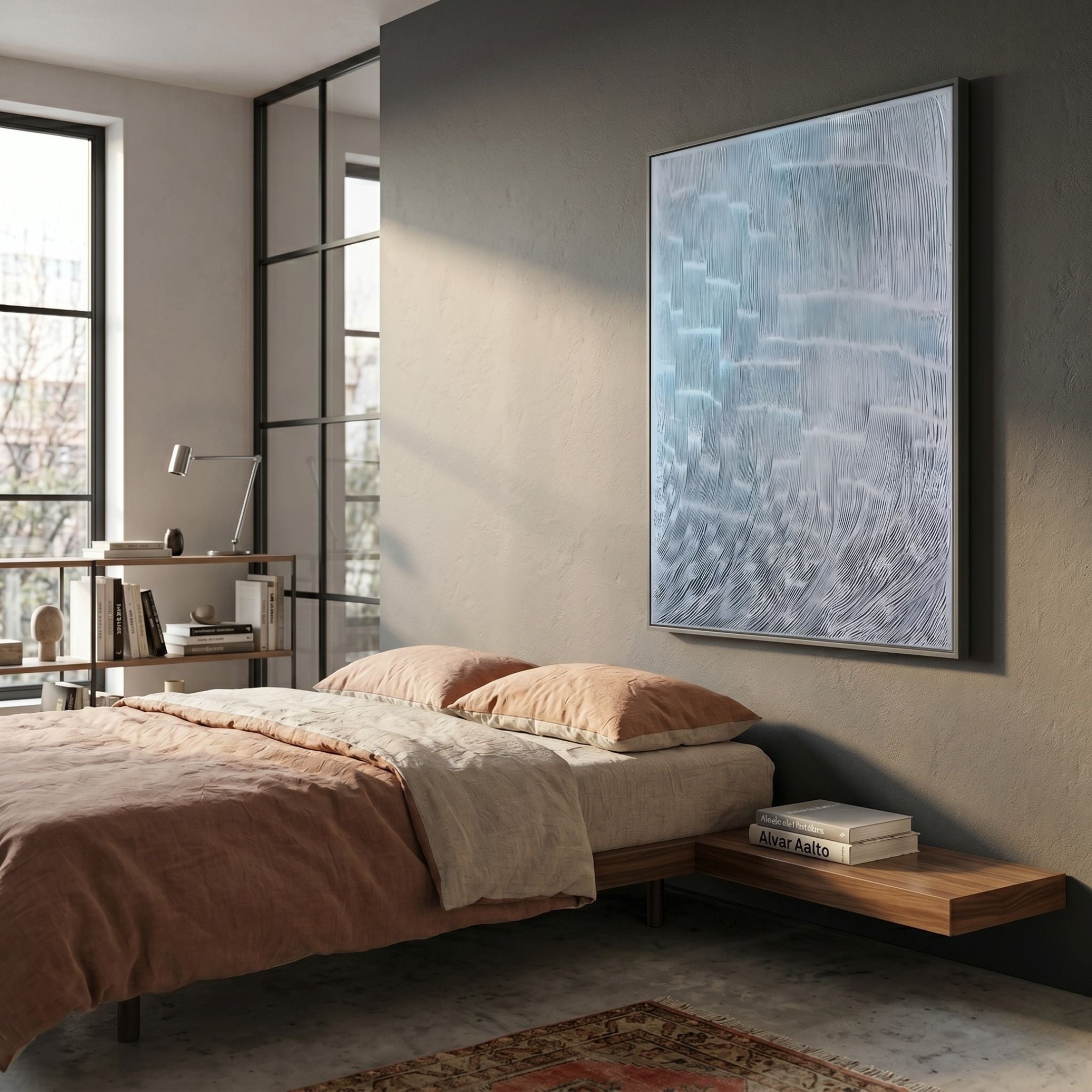 Aqualis Frosted Ice Curve Textured Abstract 3D Wall Art by Giant Sculptures, mounted above a linen-dressed bed in a modern bedroom with sunlit windows.