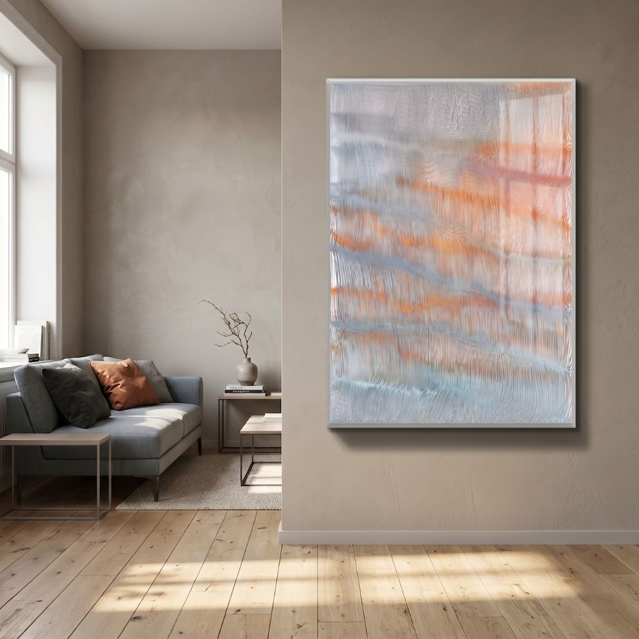 Aqualis Sunset Orange & Blue Textured Acrylic 3D Wall Art mounted on a beige wall beside a grey sofa with rust cushion in a sunlit modern living room.