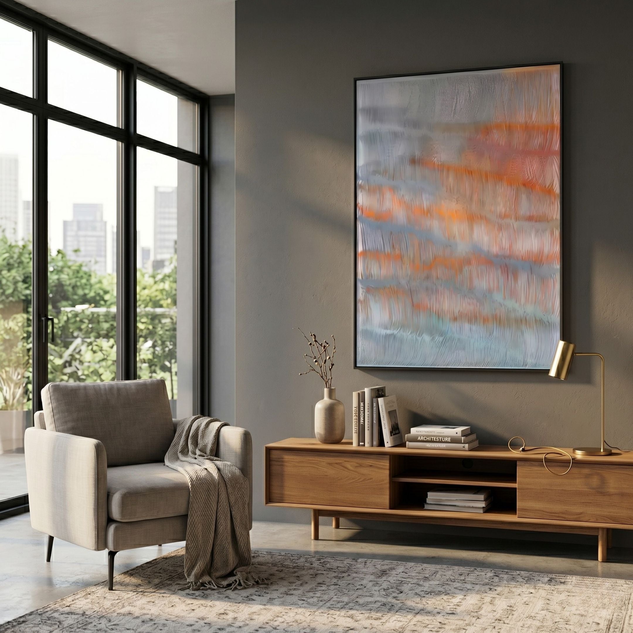 Aqualis Sunset Orange & Blue Textured Abstract 3D Wall Art displayed on a dark grey wall above a wooden console in a modern living room with armchair.