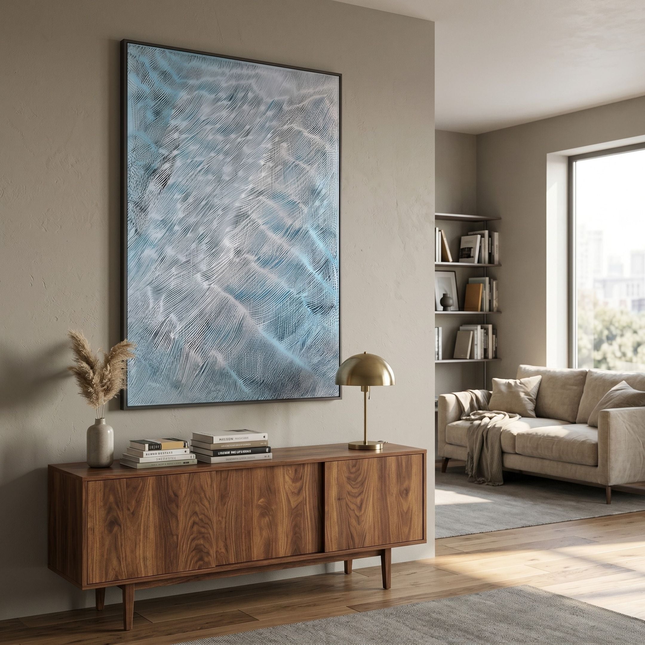Aqualis Blue Ripple Textured Abstract 3D Wall Art mounted above a walnut sideboard with brass lamp and pampas grass, beside a beige sofa and bookshelf.