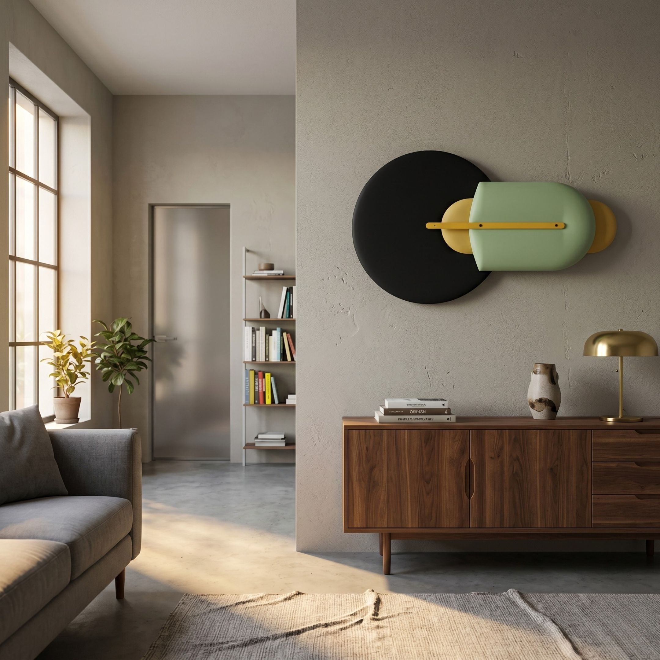 Solvia Green & Yellow Layered Geometry 3D Wall Art by Giant Sculptures, mounted in a modern living room above a walnut sideboard with brass lamp and grey sofa.