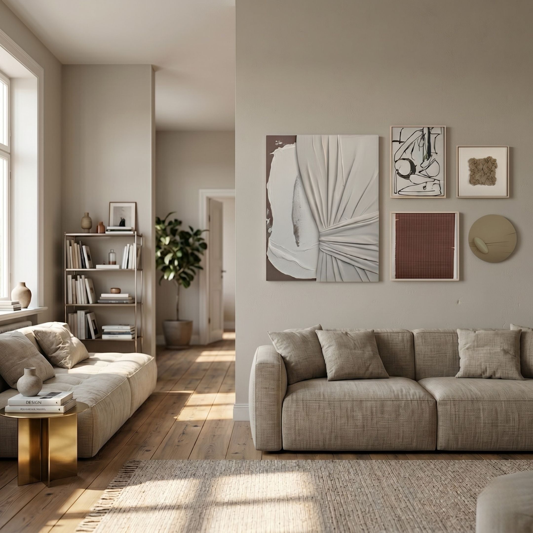 Mirello 5-Set Minimal Relief & Line Abstract 3D Wall Art arranged above a beige sofa in a neutral living room with oak floors and a woven rug.