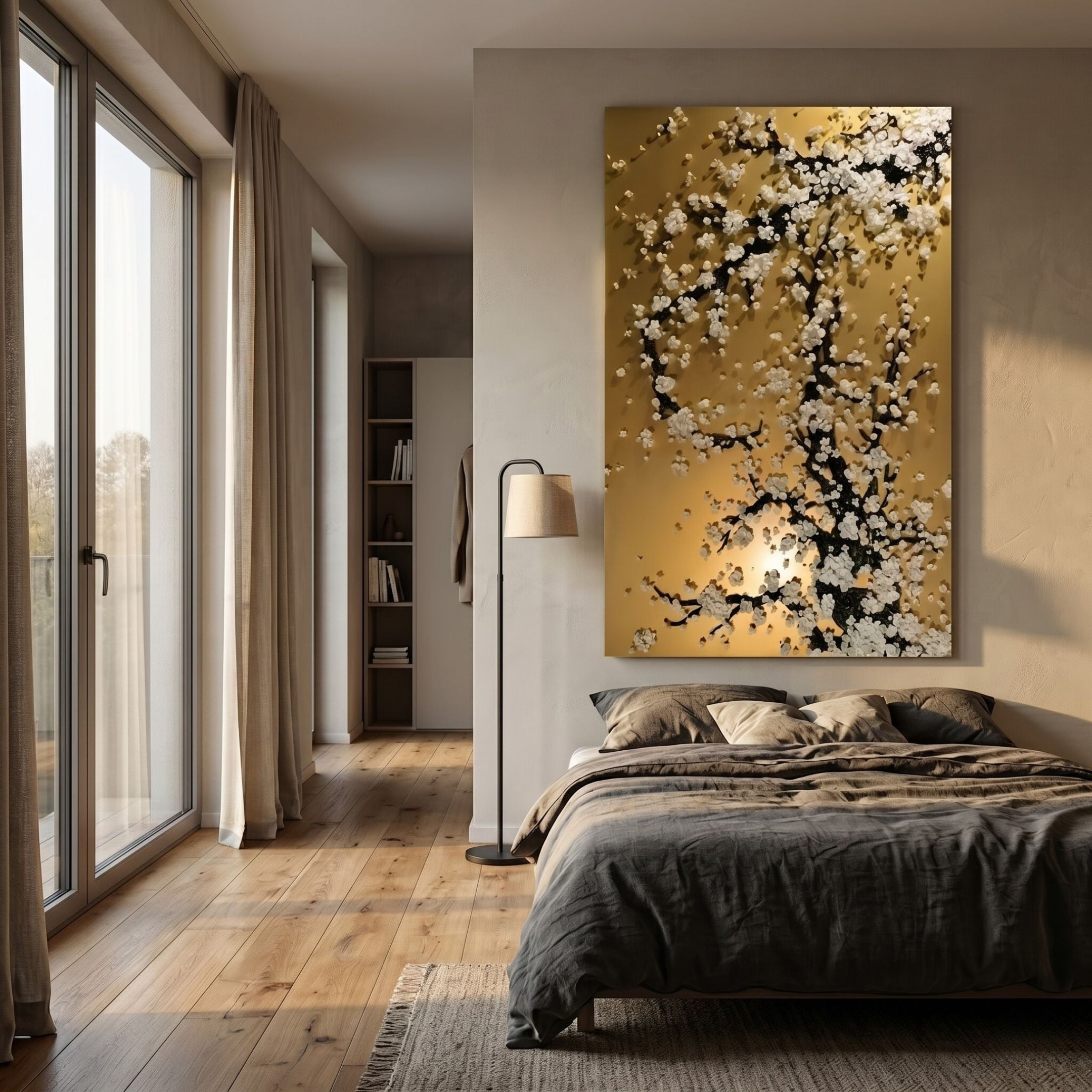 Florivine Gold Blossom Tree Button 3D Wall Art by Giant Sculptures displayed above a bed in a neutral bedroom with wood flooring and floor lamp.