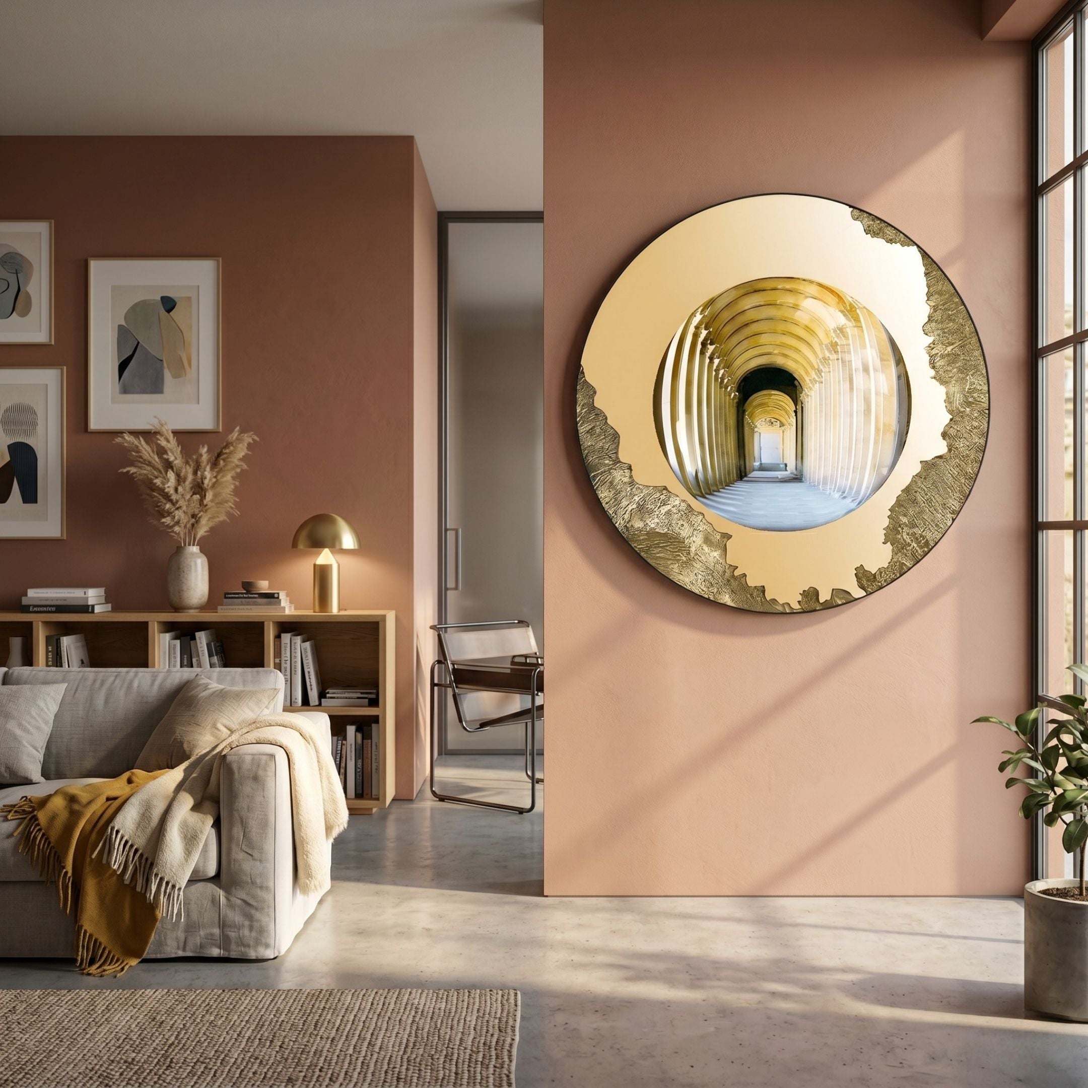 Portara Golden Archway Illusion Round 3D Wall Art by Giant Sculptures mounted on a terracotta wall above a sofa and bookshelf in a sunlit living room.