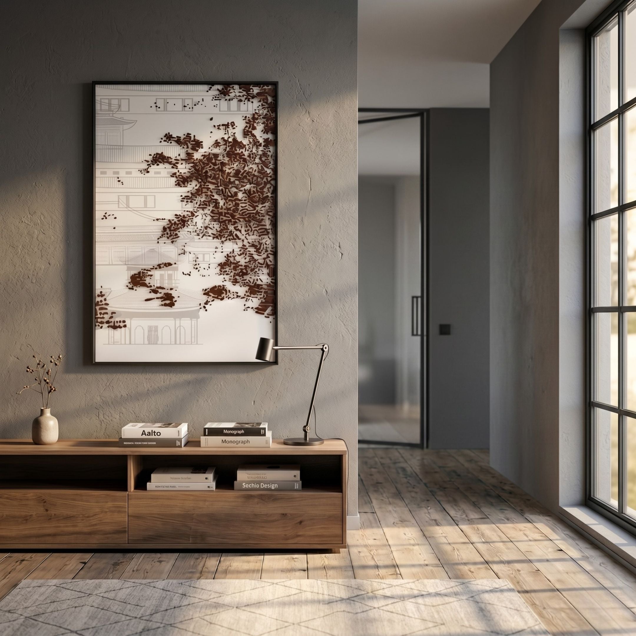 Kairoshi II Pavilion Architectural Silk Relief 3D Wall Art by Giant Sculptures hung above a wooden console with books and lamp in a sunlit modern hallway.