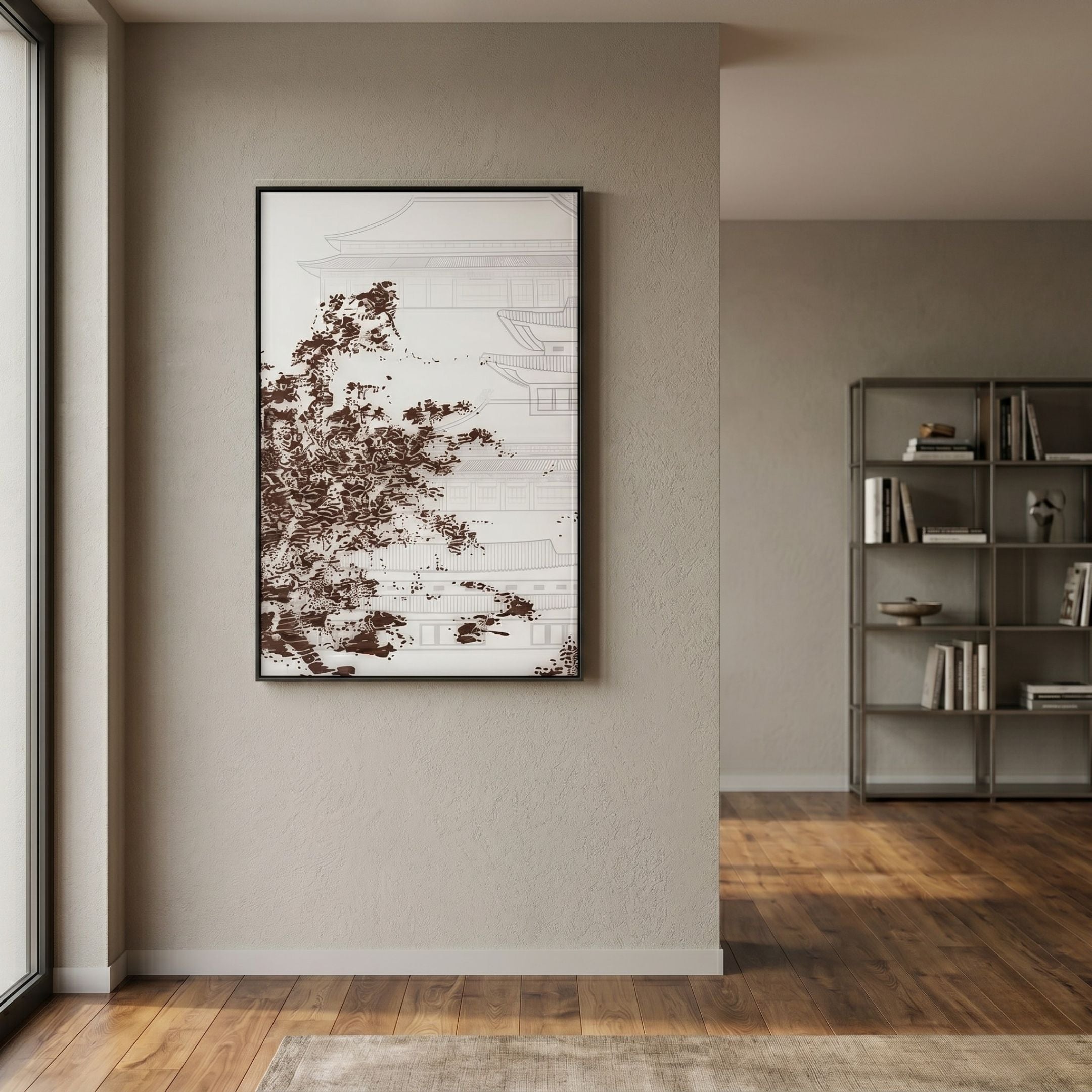 Kairoshi I Pavilion Architectural Silk Relief 3D Wall Art by Giant Sculptures, framed in a hallway with wooden floors and a grey shelving unit nearby.
