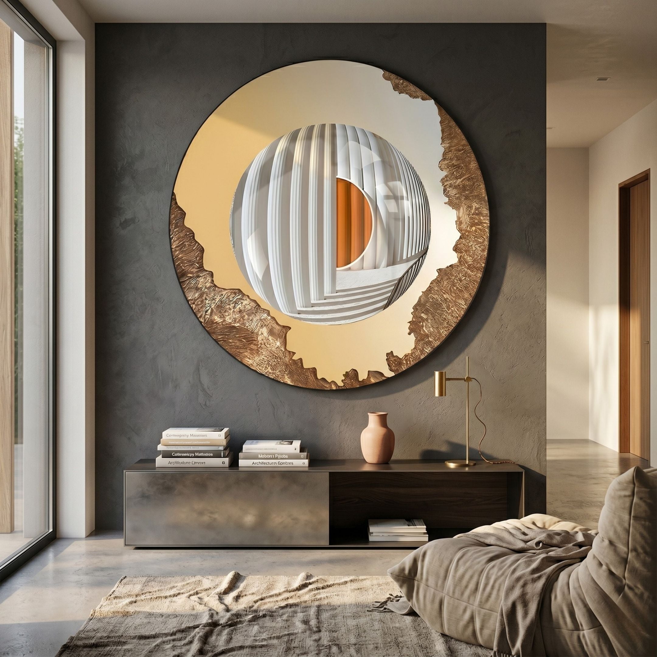Giant Sculptures Portara Bronze Dome Illusion Round 3D Wall Art mounted on a dark grey wall above a low console with books, vase, and brass lamp.