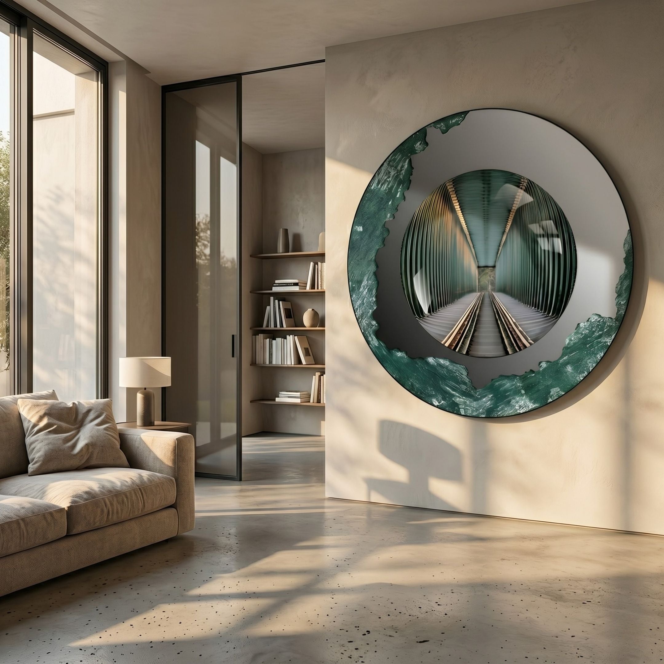 Portara Green Bridge Illusion Round 3D Wall Art by Giant Sculptures mounted in a sunlit living room with beige sofa, floor lamp, and bookshelf nearby.