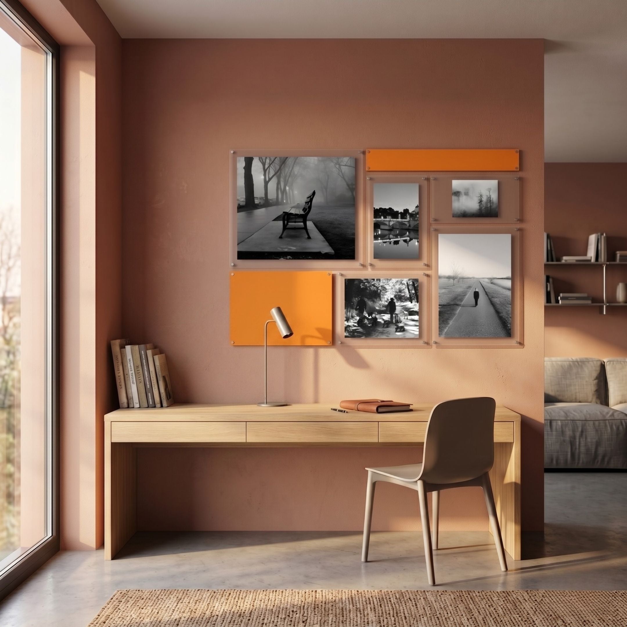 Framegrid Orange Mixed-Size Gallery 7-Set Acrylic Wall Art by Giant Sculptures displayed above a wooden desk in a warm terracotta home office.