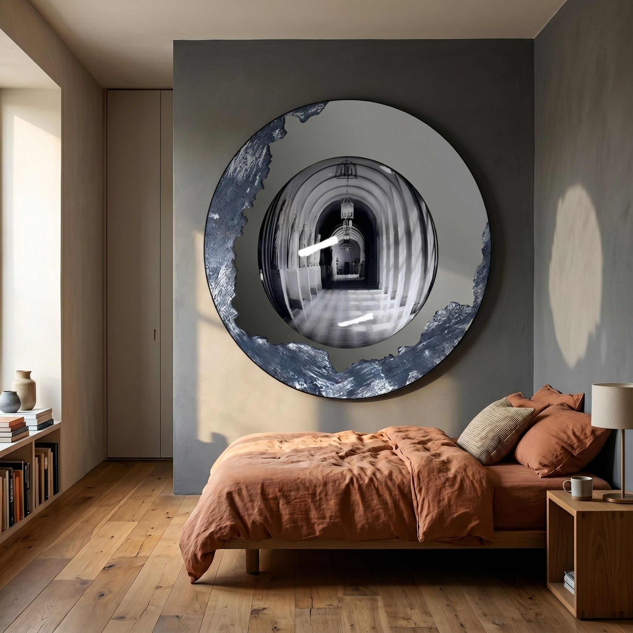 Portara Silver Archway Illusion Round 3D Wall Art by Giant Sculptures mounted above a rust-linen bed, its monochrome corridor image framed by a textured silver ring.