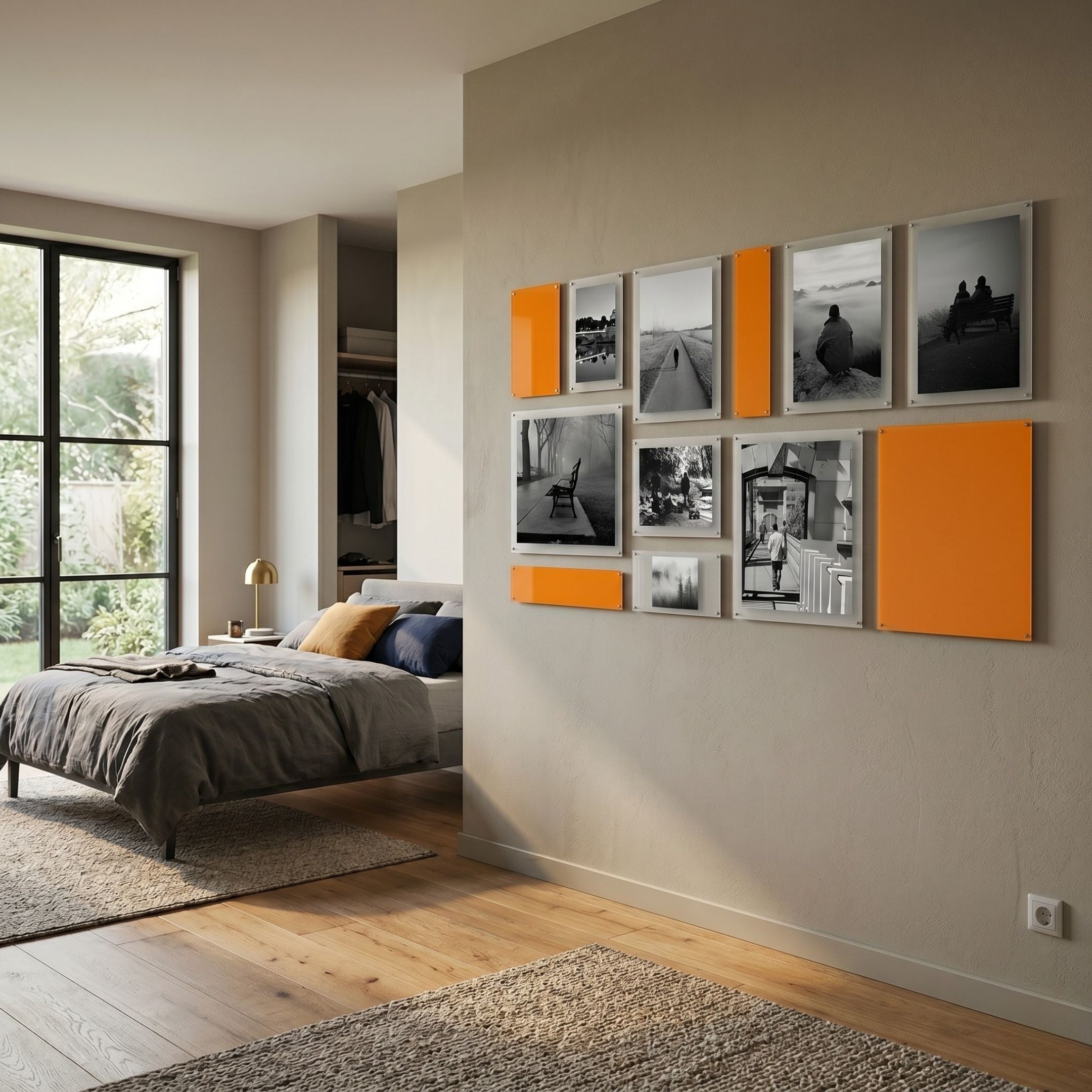 Framegrid Orange Mixed-Size Gallery 12-Set Acrylic Wall Art by Giant Sculptures, displayed on a beige bedroom wall beside a grey bed with mustard and navy cushions.