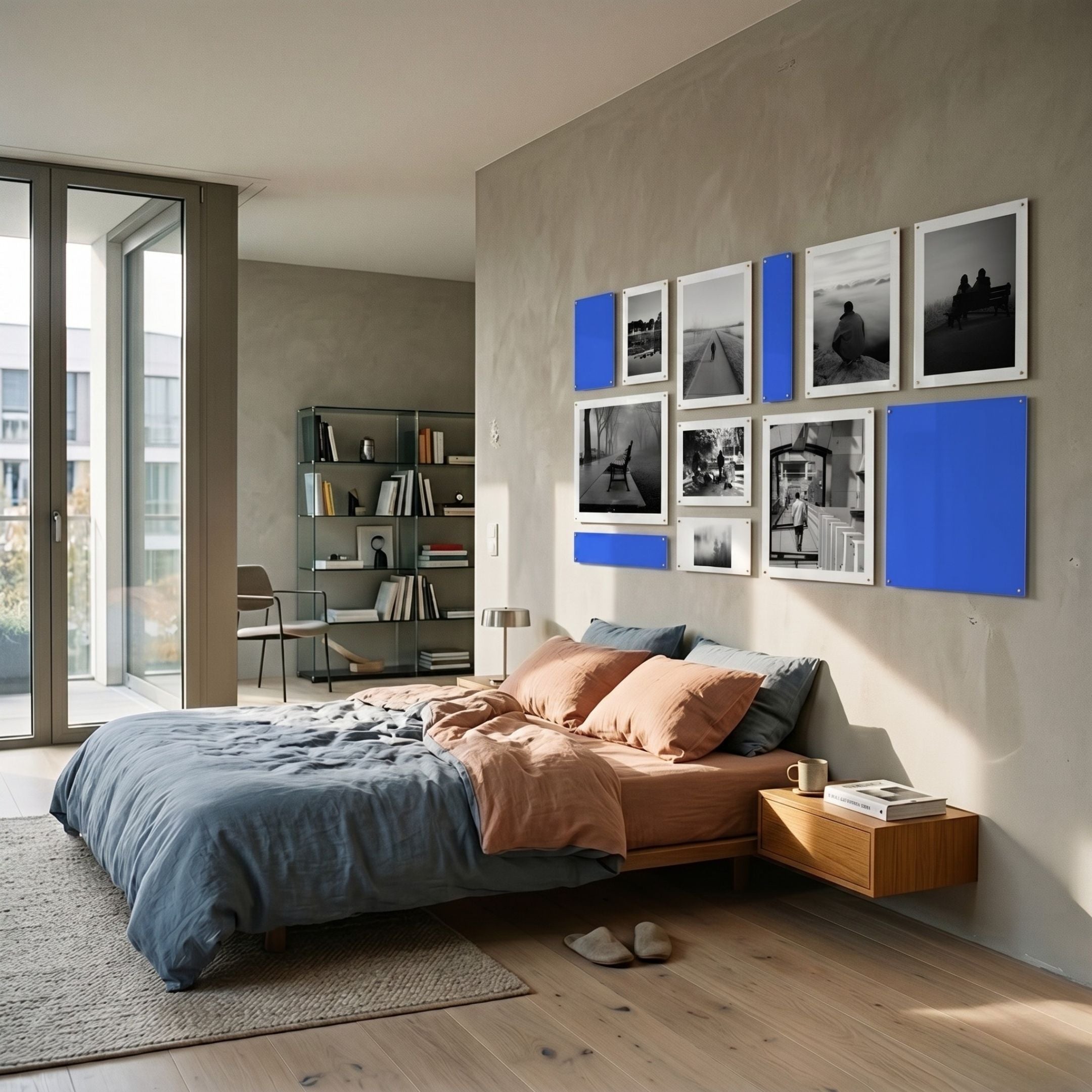 Framegrid Blue Mixed-Size Gallery 12-Set Acrylic Wall Art by Giant Sculptures displayed above a bed with blue and peach linens in a modern bedroom.