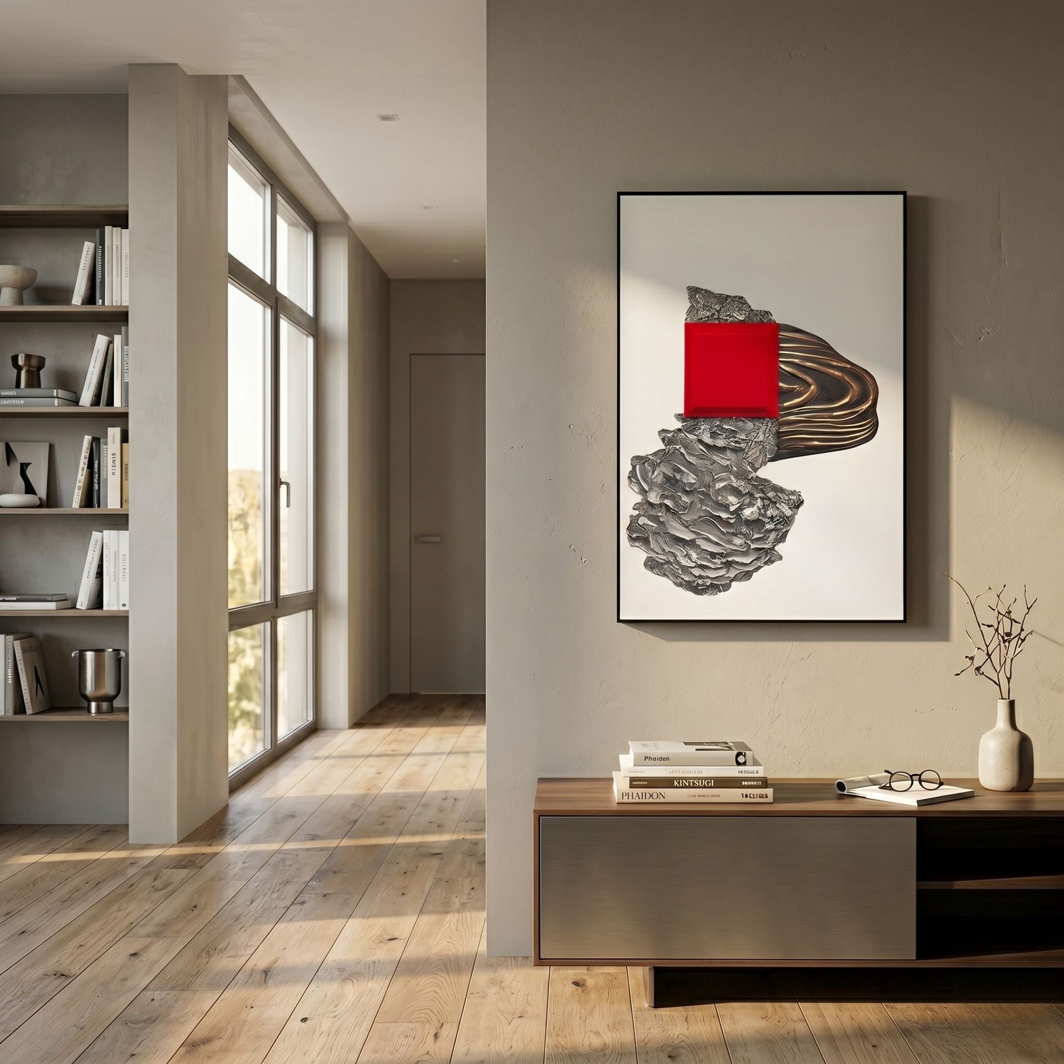 Volarin Red & Bronze Layered Relief 3D Wall Art by Giant Sculptures displayed in a modern hallway above a wooden console with books and a vase.