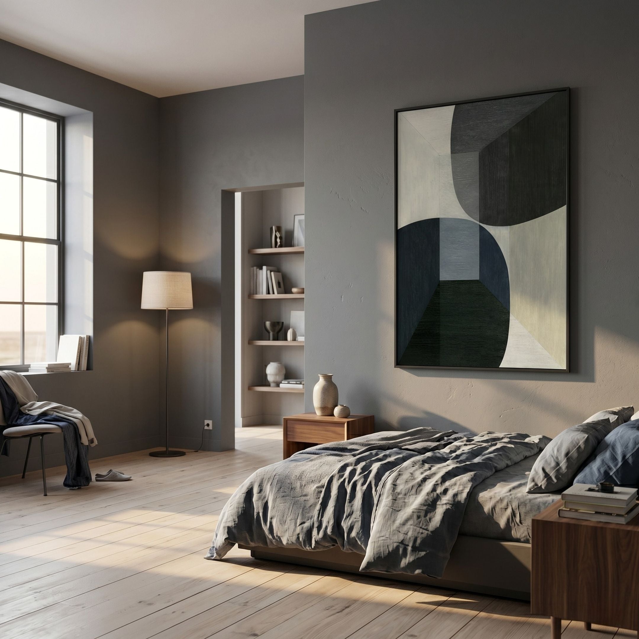 Striatura Black & Stone Grey Rope Abstract 3D Wall Art by Giant Sculptures displayed on a grey bedroom wall above a linen-dressed bed near a floor lamp.