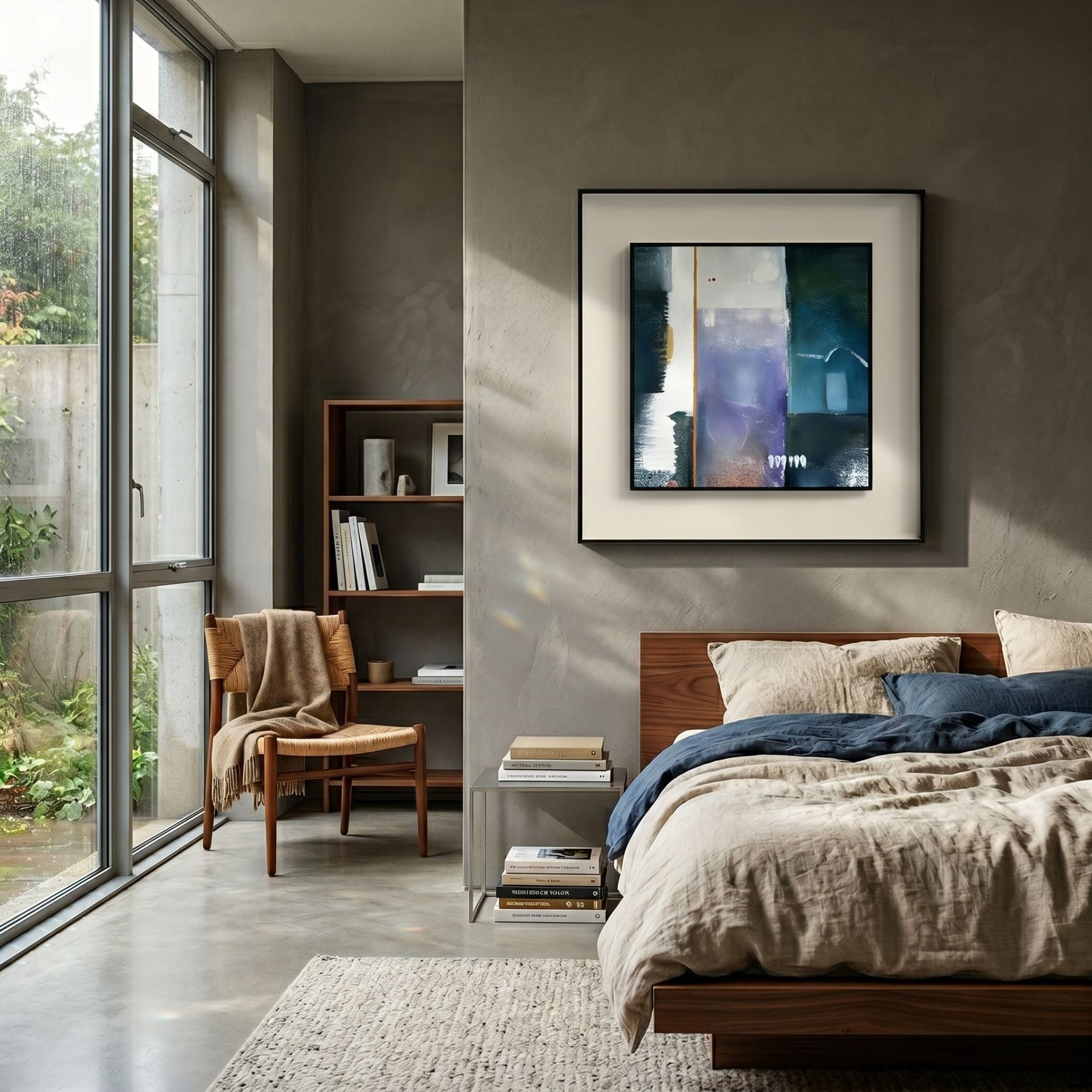 Aerolith Midnight Blend Abstract Textured Framed Wall Art by Giant Sculptures hung above a wooden bed with linen bedding in a modern bedroom.