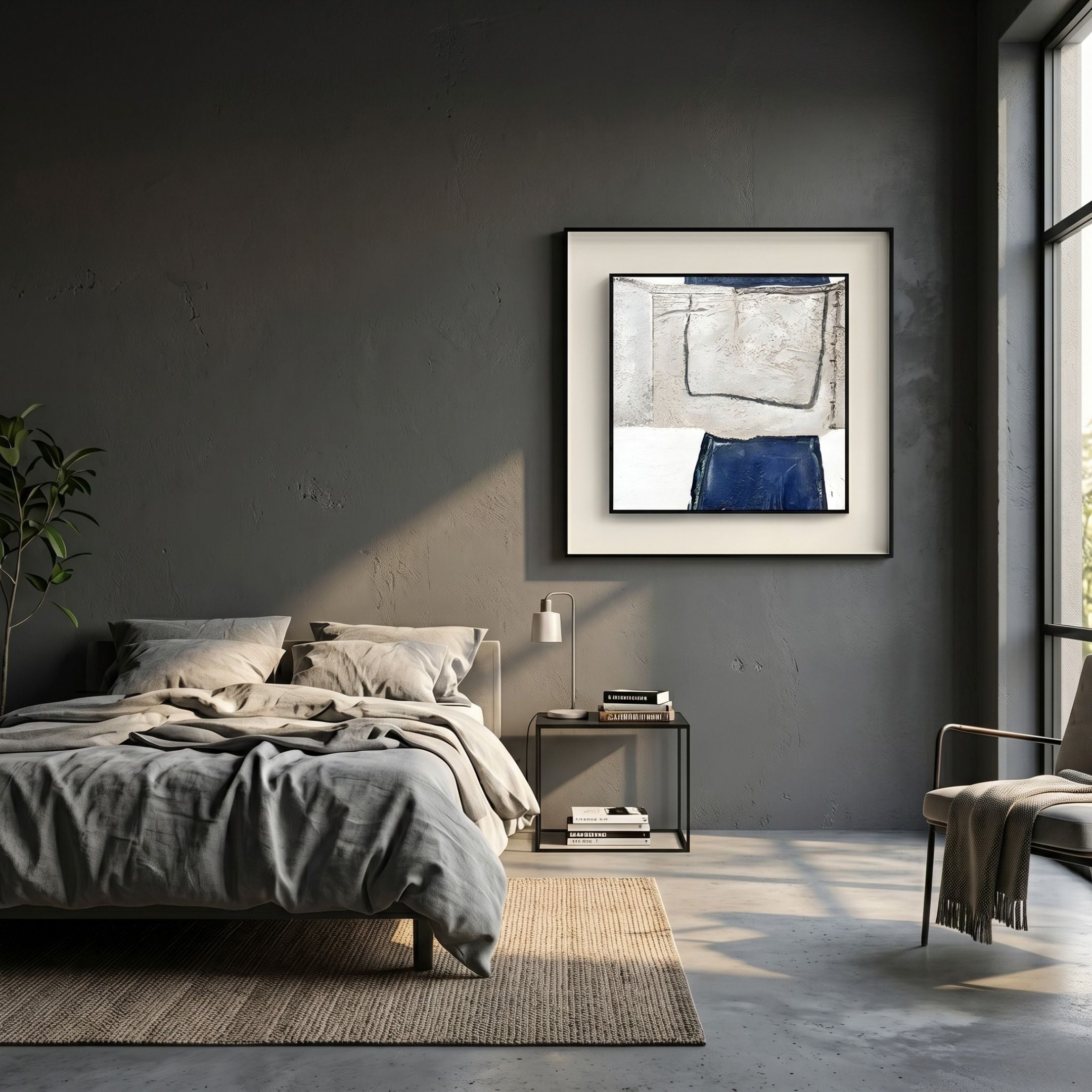 Aerolith Blue & Ivory Abstract Textured Framed Wall Art with navy shapes on ivory texture, displayed above a nightstand in a grey-walled bedroom.