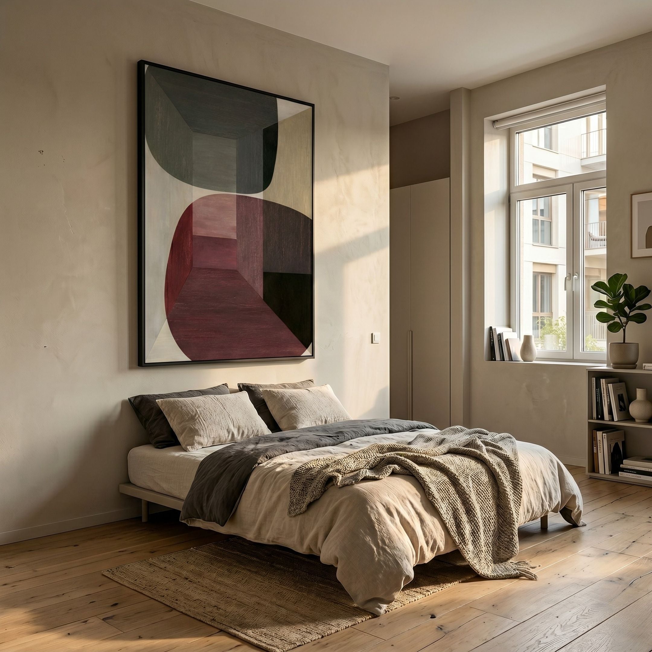 Striatura Burgundy & Sage Rope Abstract 3D Wall Art by Giant Sculptures displayed above a linen-dressed bed in a sunlit bedroom with wooden floors.