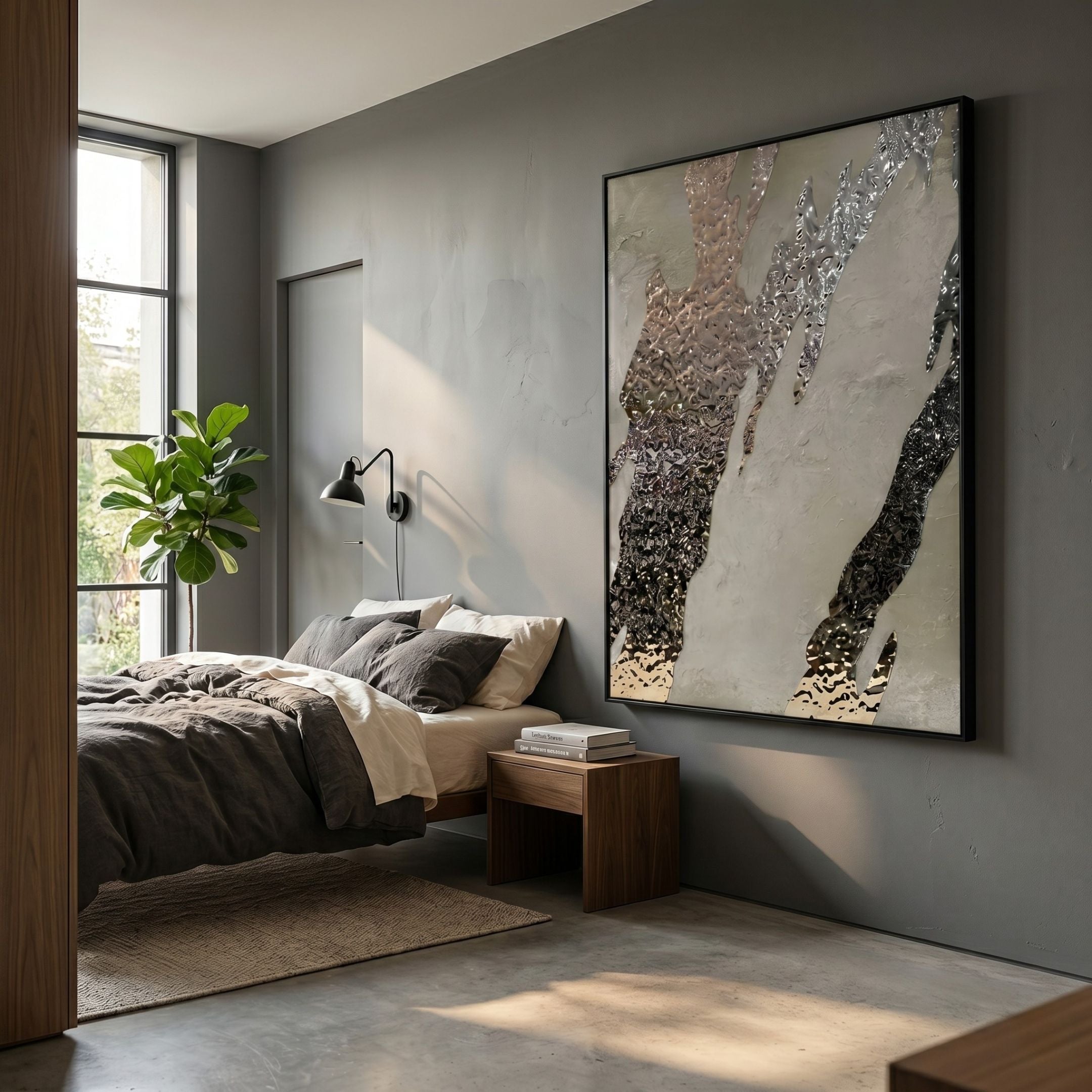 Metallura Taupe & Silver Metallic Flow Abstract 3D Wall Art by Giant Sculptures displayed above a walnut nightstand in a grey-walled bedroom with linen bedding.