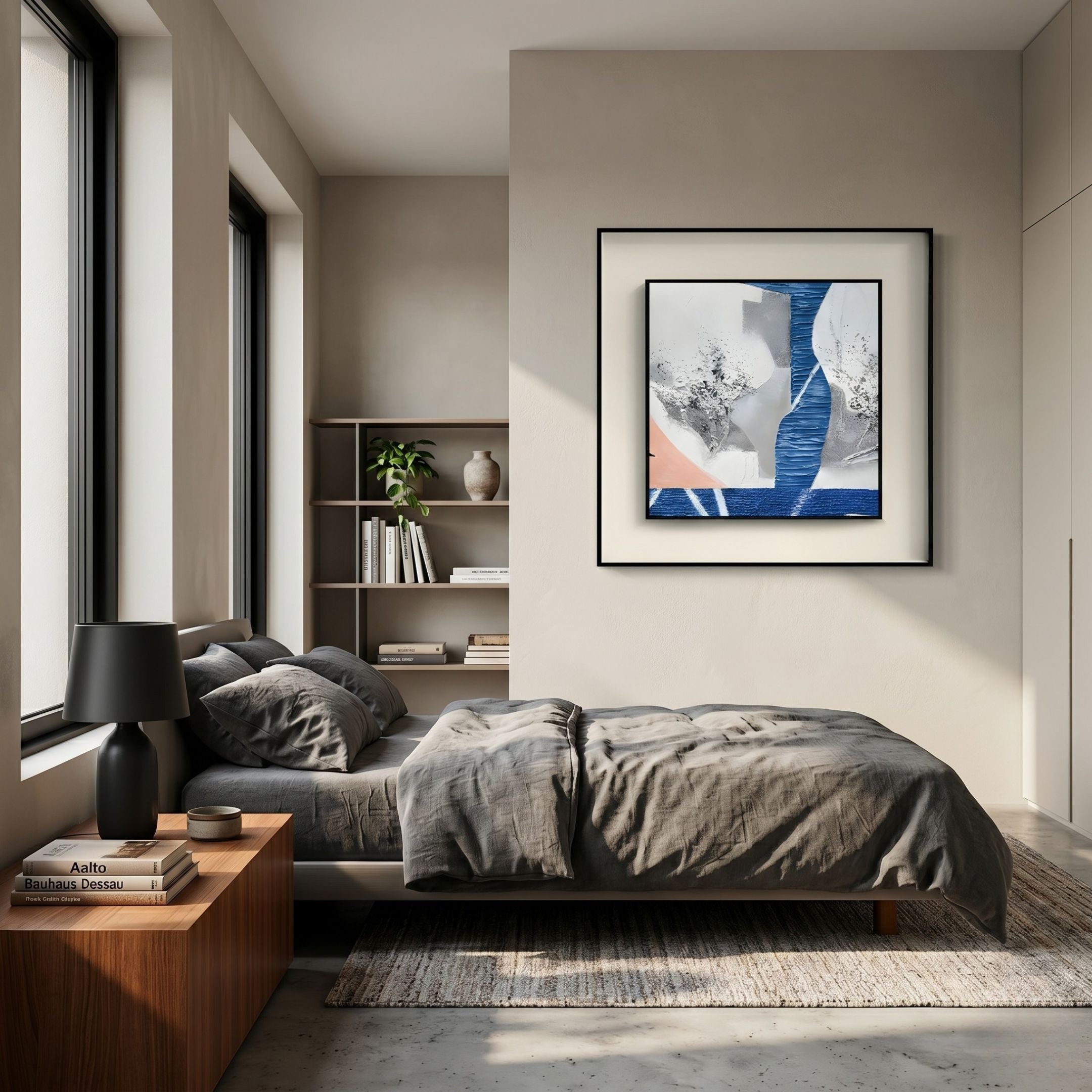 Aerolith Blue Cascade Abstract Textured Framed Wall Art by Giant Sculptures displayed above a grey linen bed in a modern bedroom with shelving and a wooden nightstand.