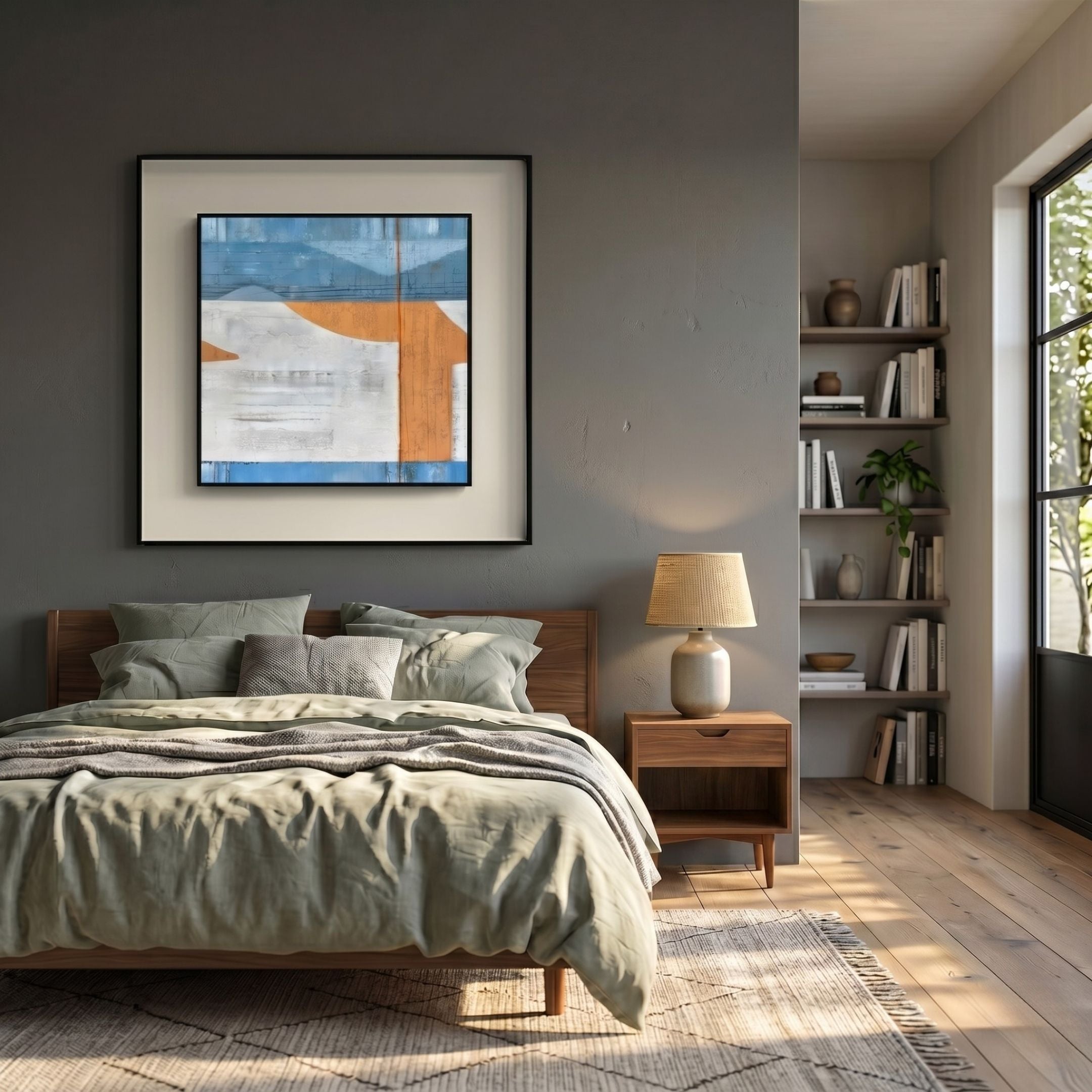 Aerolith Blue Horizon Abstract Textured Framed Wall Art with blue, white, and orange mountain motif hung above a wood bed in a grey-walled bedroom.