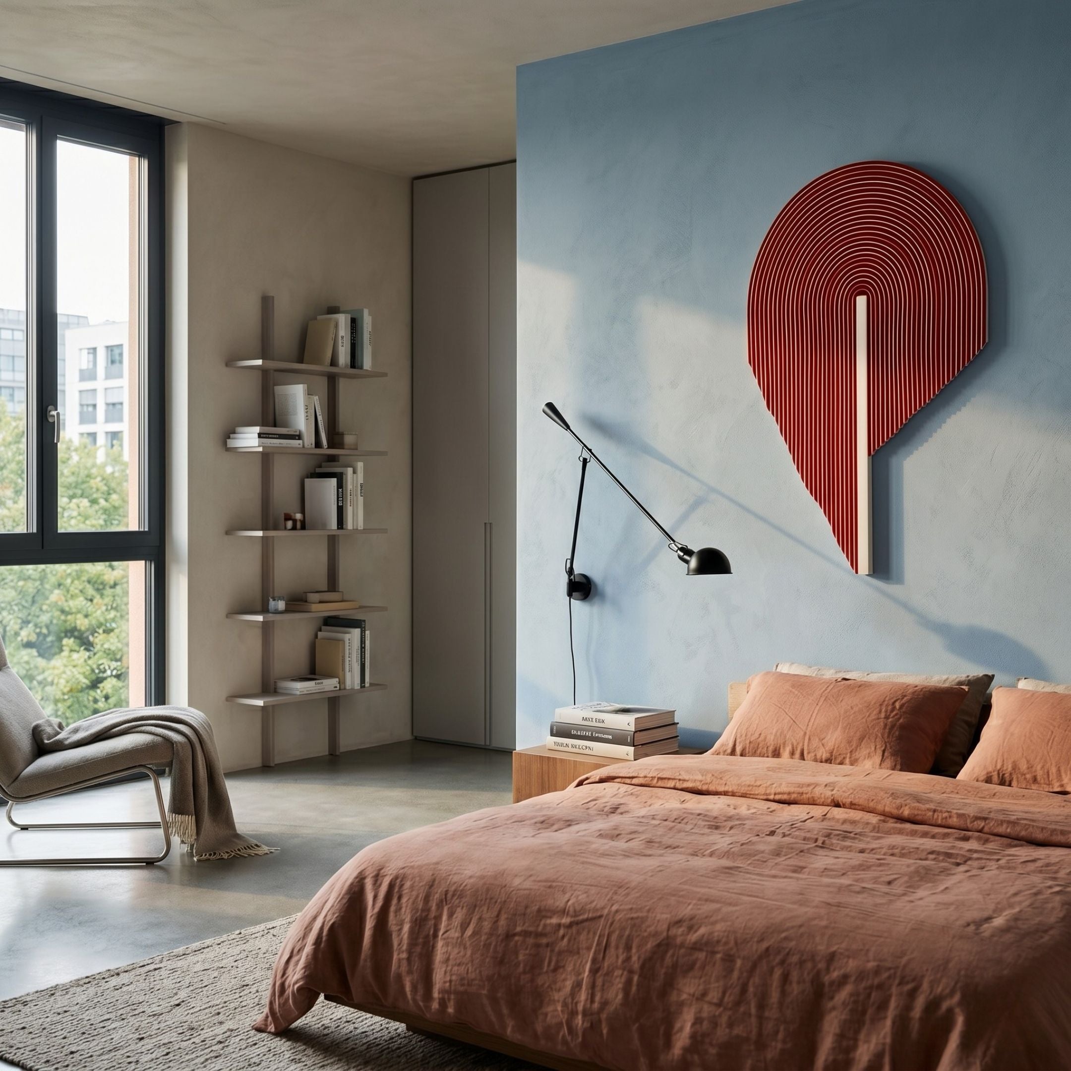 Arclune Ruby Stripe Sculptural Felt 3D Wall Art mounted on a blue bedroom wall above a terracotta-linen bed, beside a black task lamp and bookshelf.