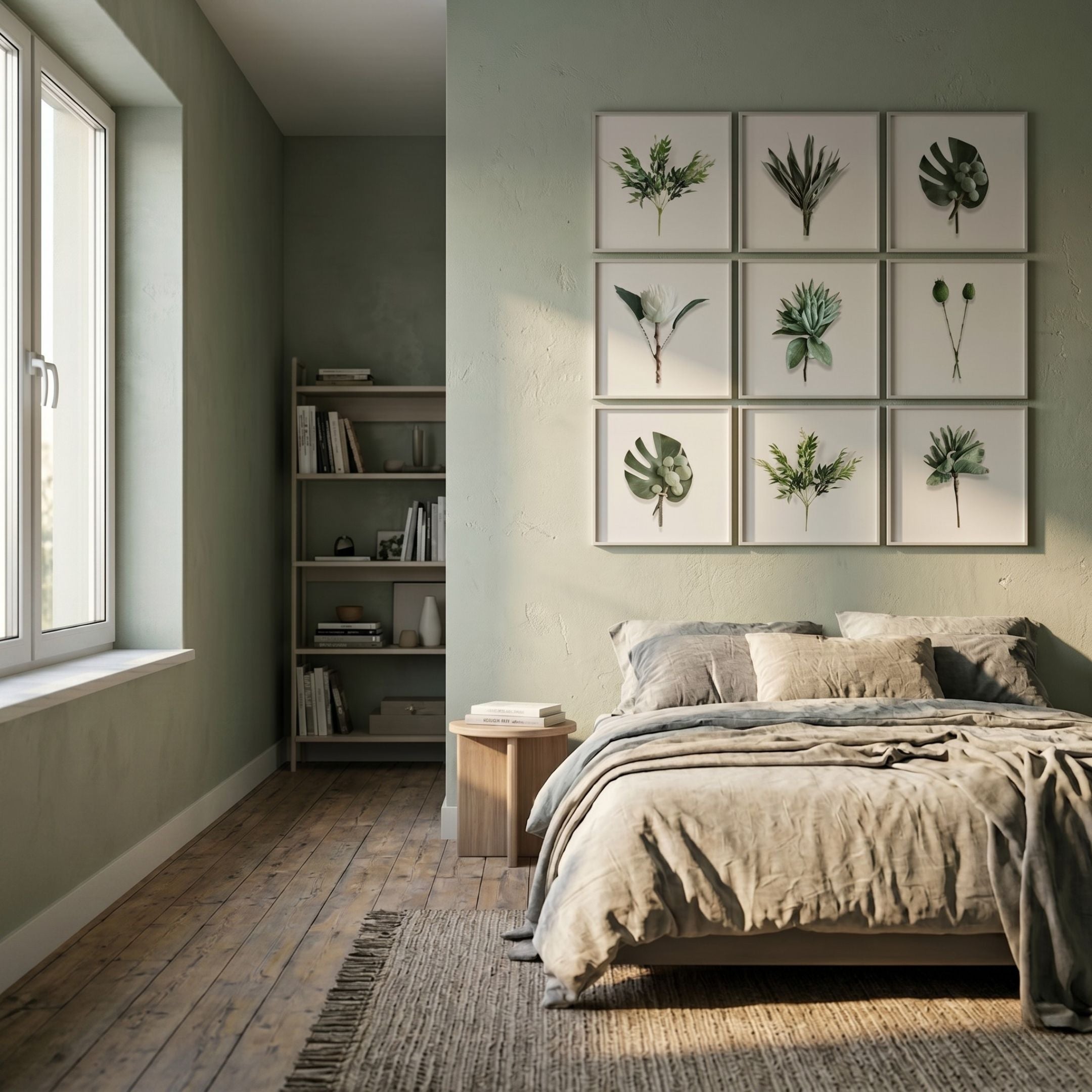 Florvara Botanical Leaves 9-Panel Clear Acrylic 3D Wall Art in a 3x3 grid above a linen-dressed bed in a sage green bedroom with wooden floor and shelving.
